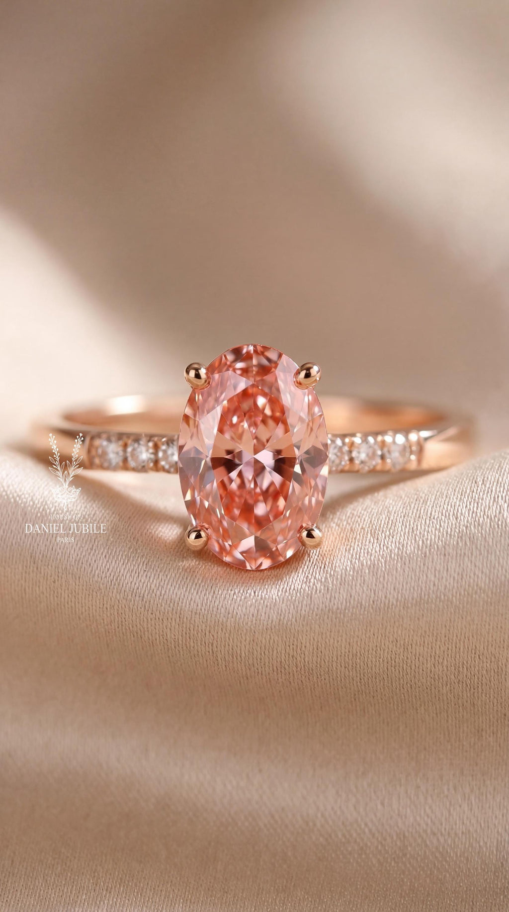 Pink Lab Grown Diamond Ring – 3ct Oval Solitaire, Rose Gold Pavé Band