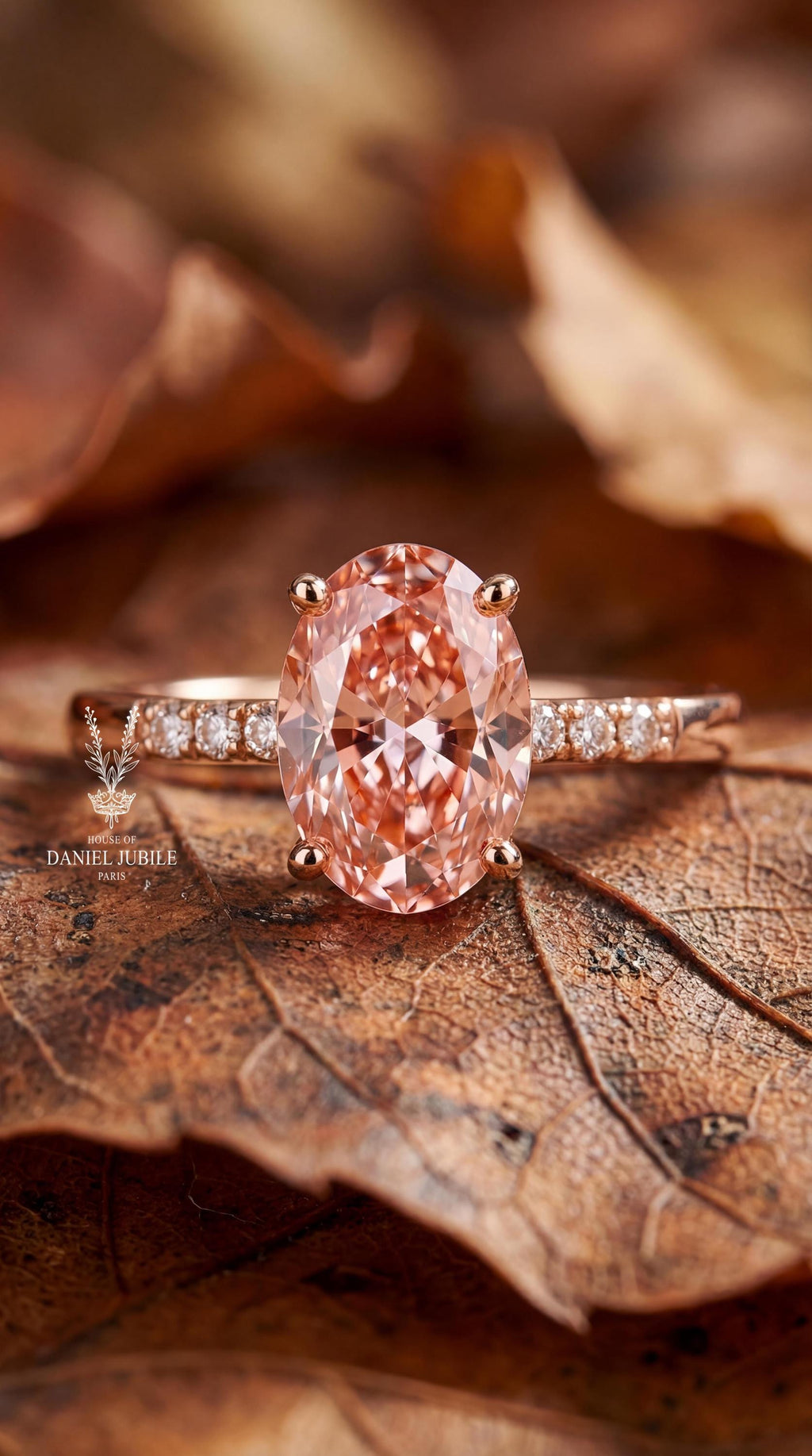 Pink Lab Grown Diamond Ring – 3ct Oval Solitaire, Rose Gold Pavé Band