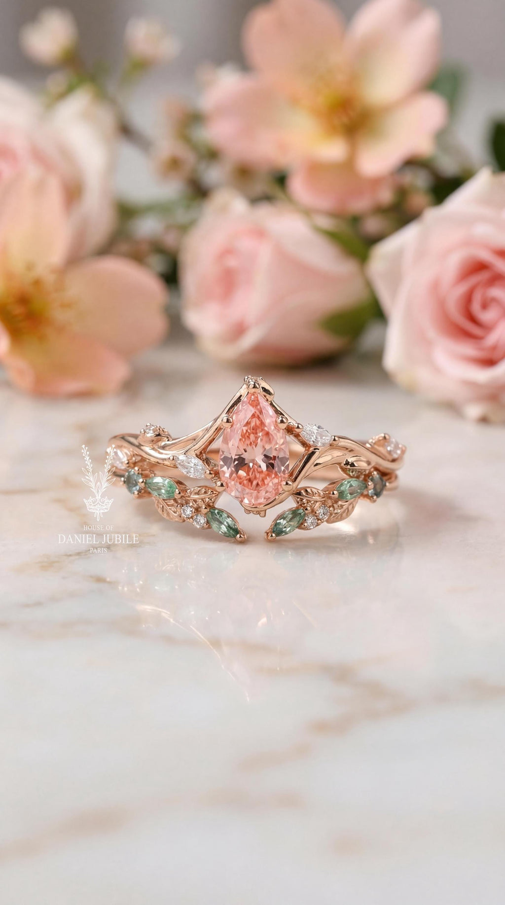 Pink Pear Lab Grown Diamond Engagement Ring – 14k Rose Gold Vine Band