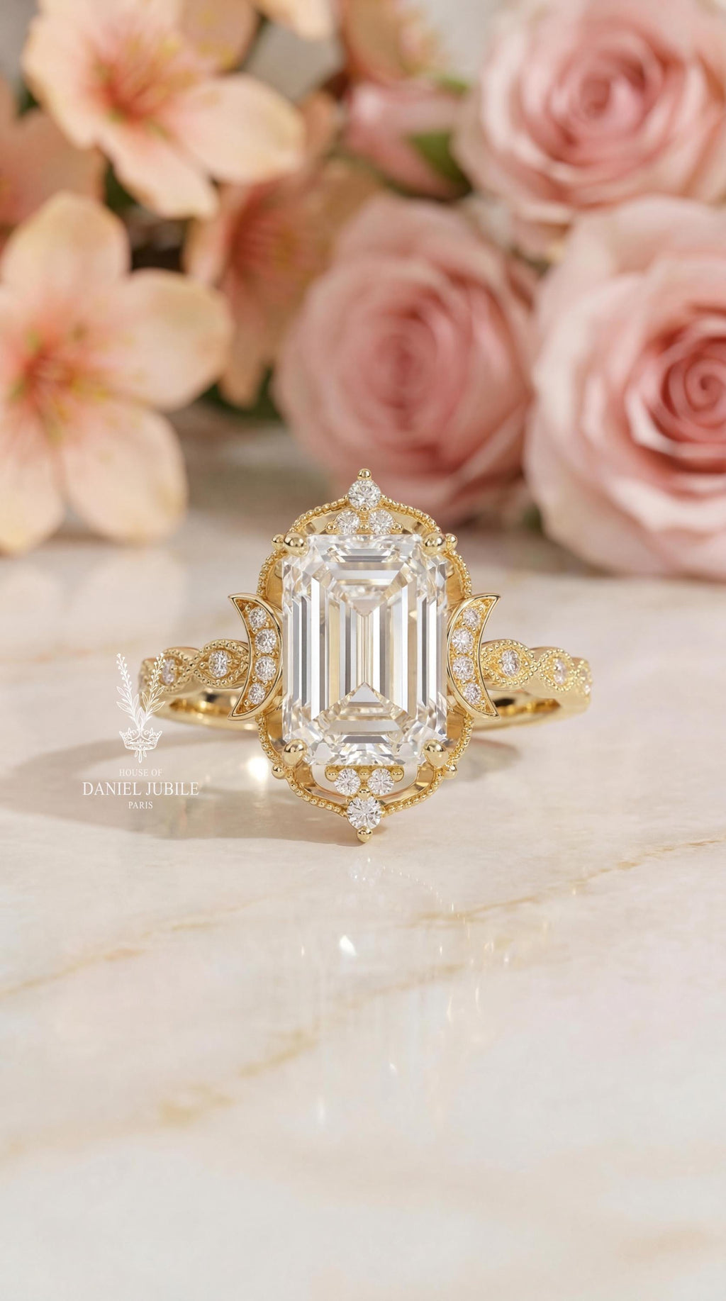 Emerald Cut Lab Grown Diamond Engagement Ring – 14k Yellow Gold, Celestial Art Deco