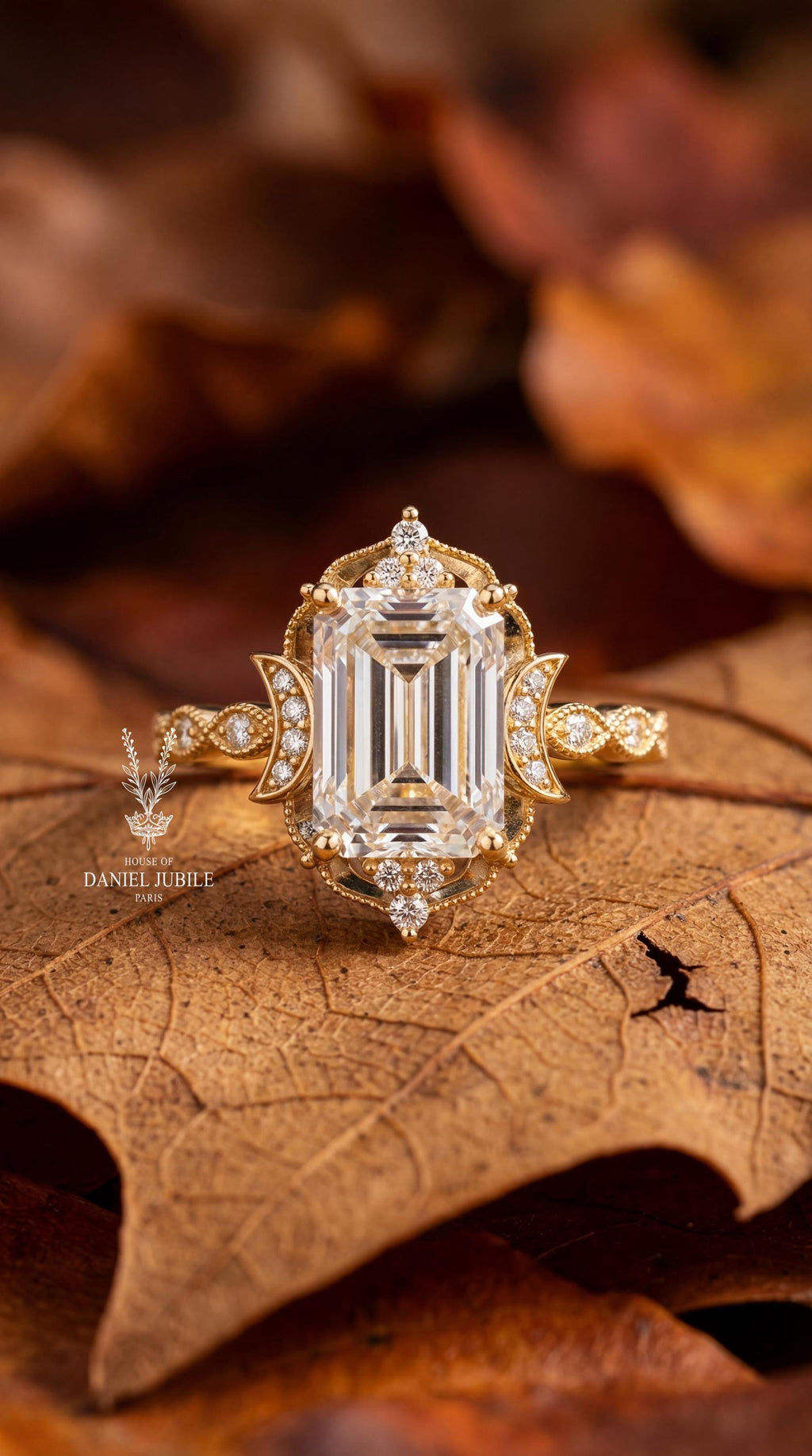 Emerald Cut Lab Grown Diamond Engagement Ring – 14k Yellow Gold, Celestial Art Deco