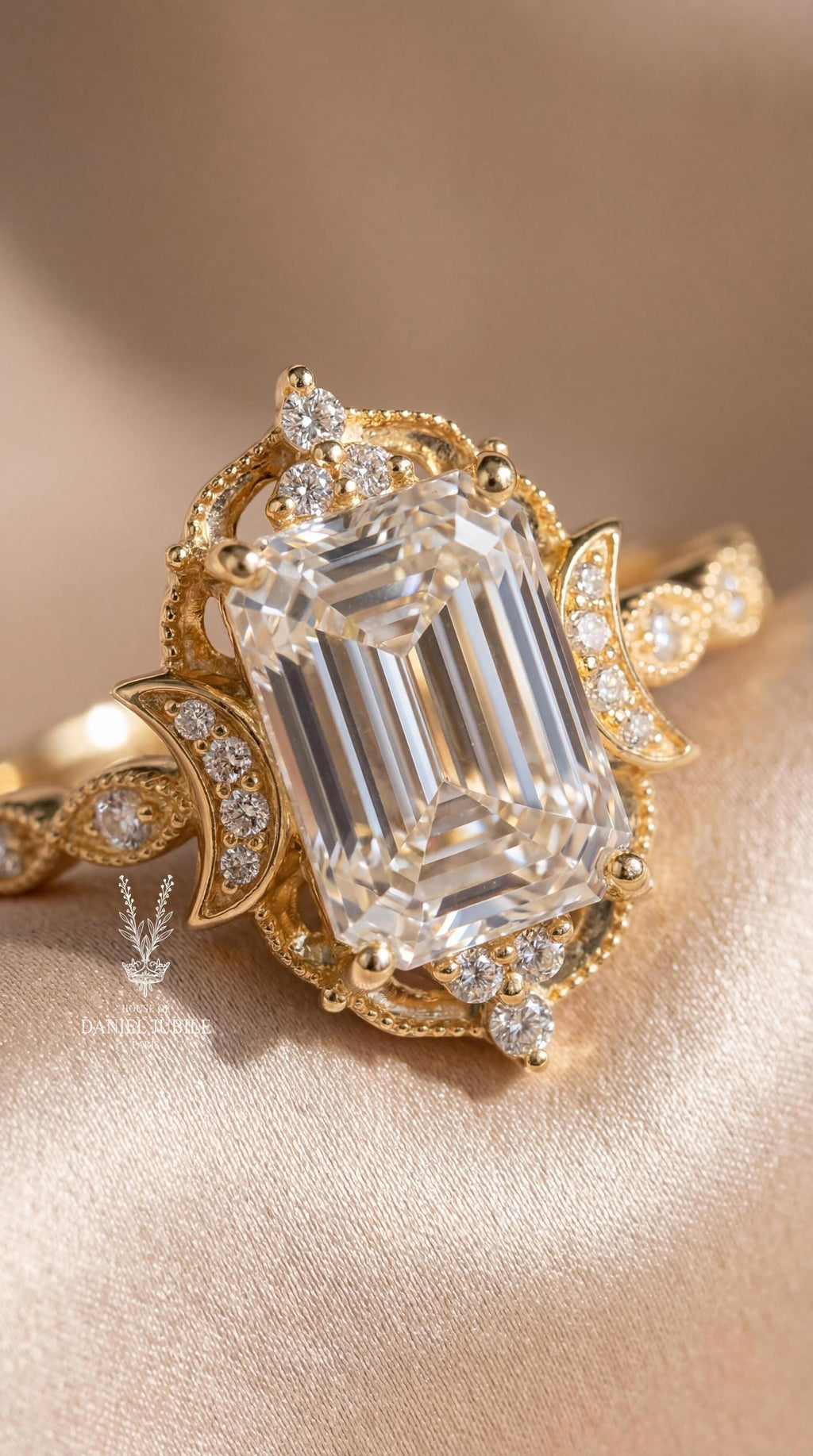 Emerald Cut Lab Grown Diamond Engagement Ring – 14k Yellow Gold, Celestial Art Deco