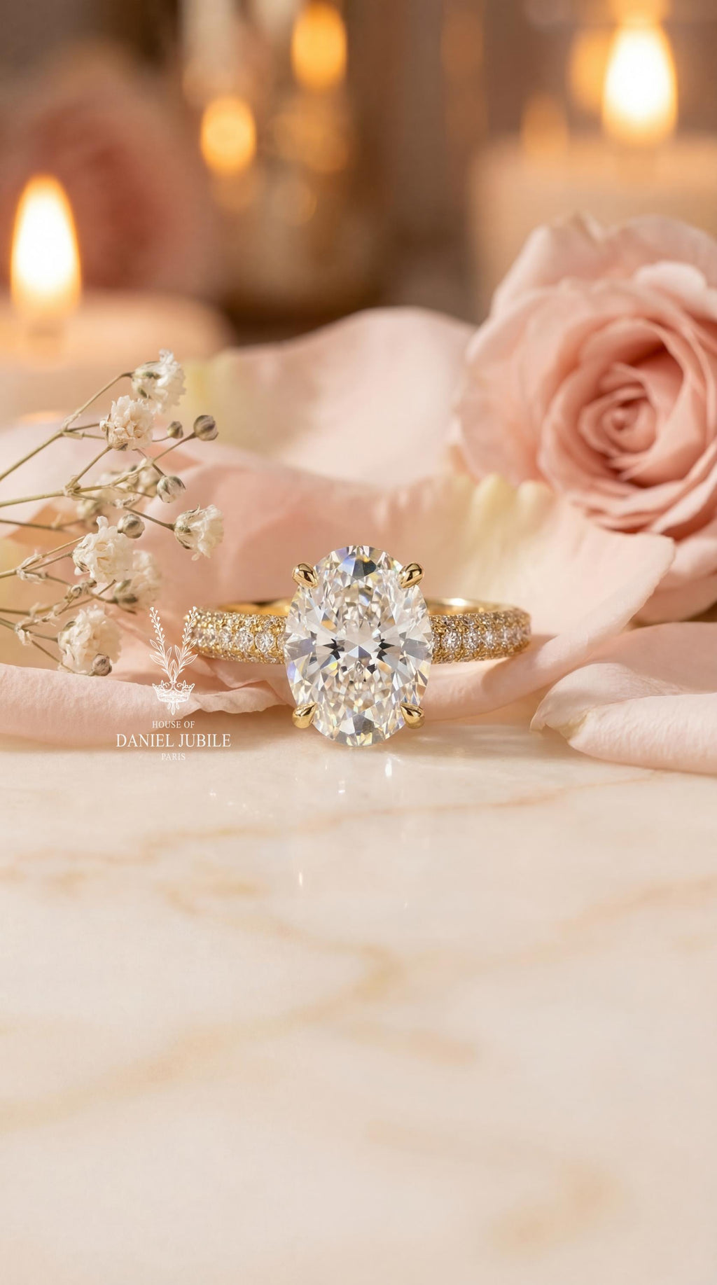 4ct Oval Lab Diamond Engagement Ring – 14k Gold Hidden Halo Pavé Band