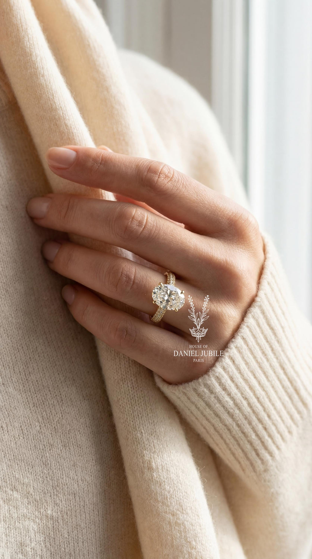 4ct Oval Lab Diamond Engagement Ring – 14k Gold Hidden Halo Pavé Band