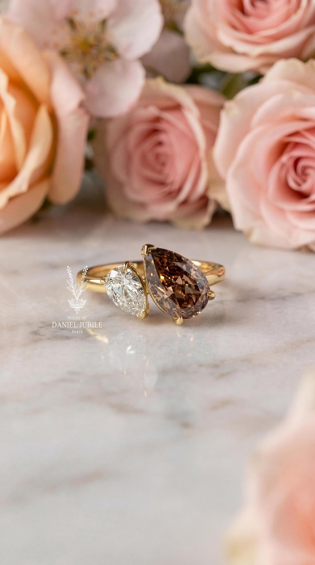 3ctw Pear Lab Diamond Toi et Moi Ring – Champagne & White, 14k Gold