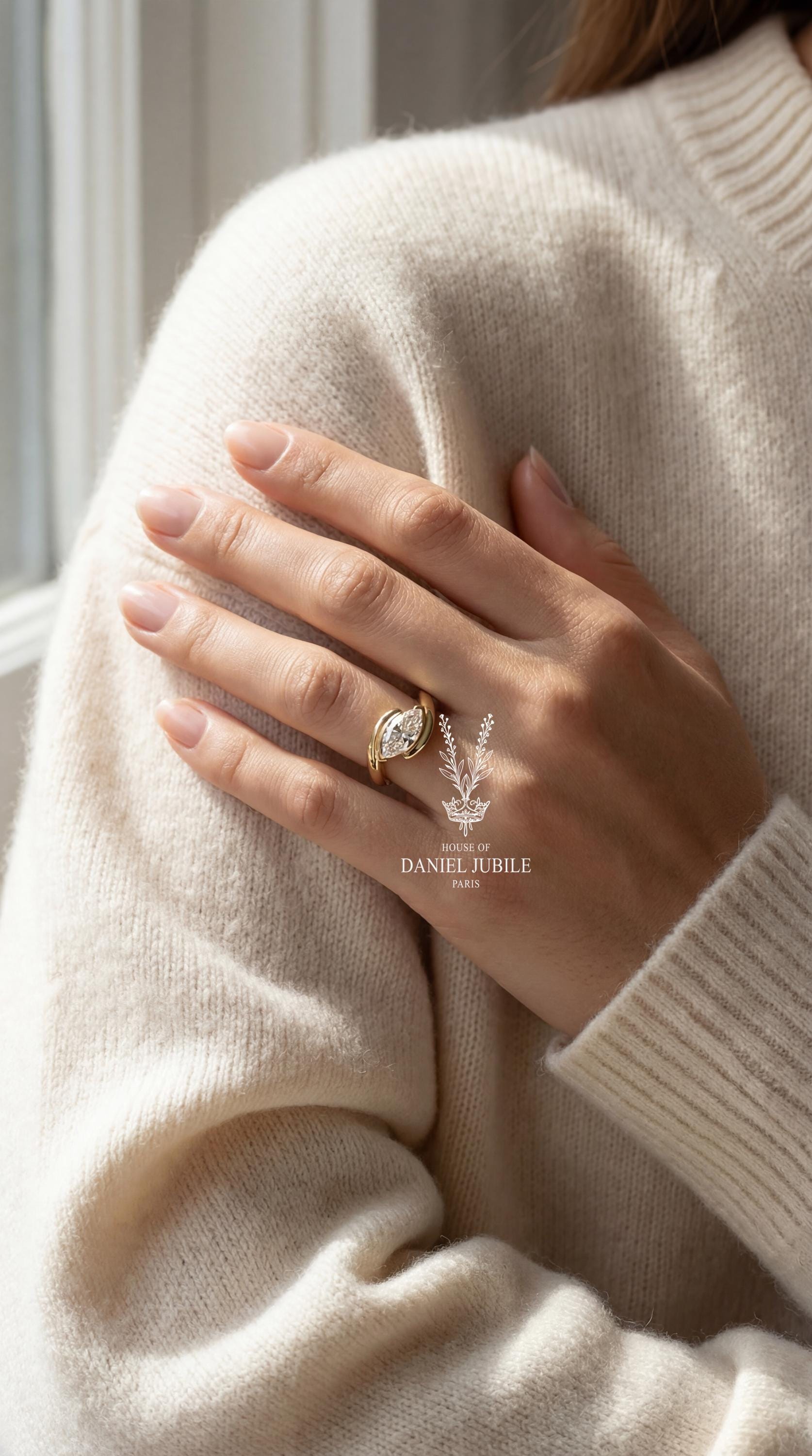 Marquise Lab Diamond Engagement Ring – 14k Gold Sculptural Bypass Ring