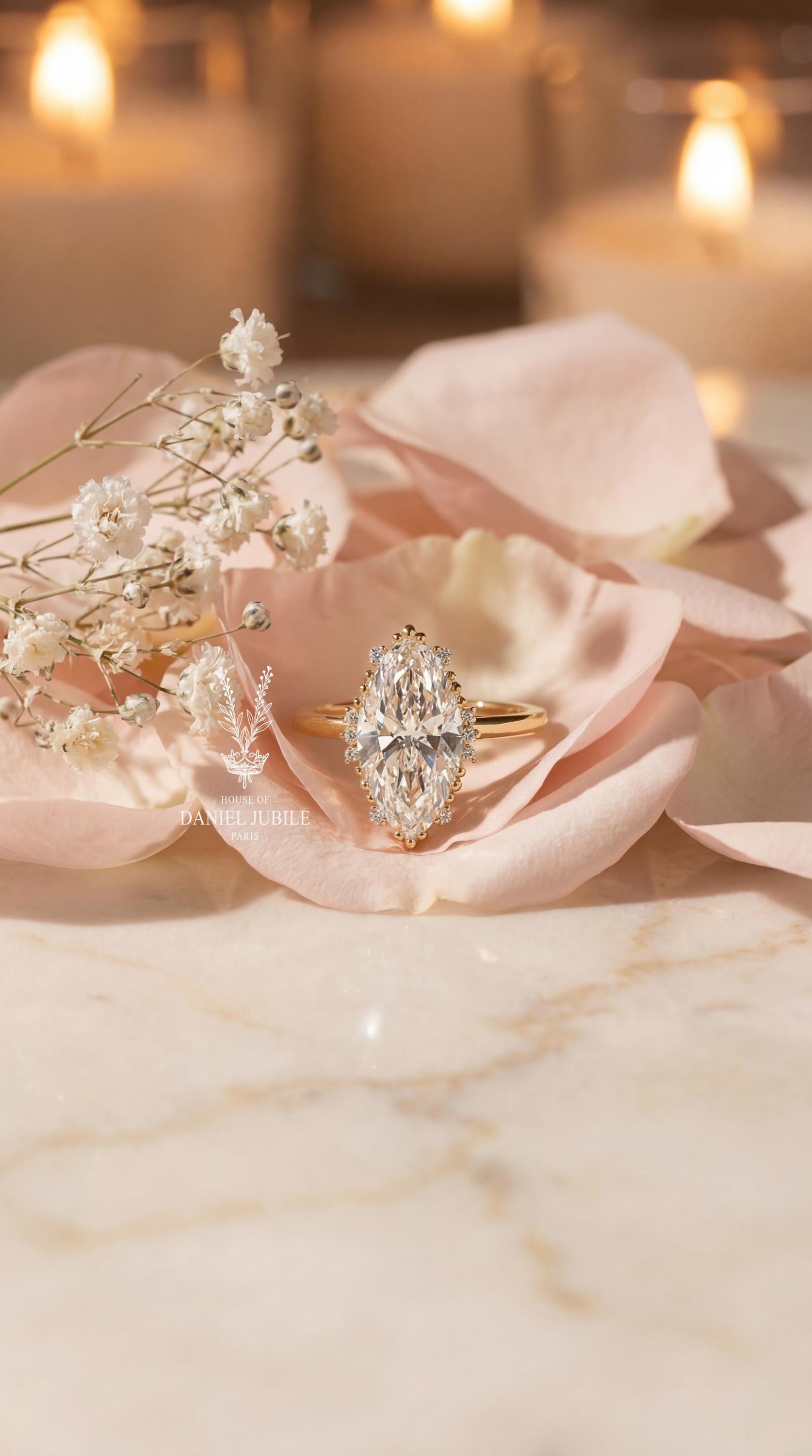 6.20ctw Marquise Cut Lab Diamond Ring – 14k Gold Floral Lotus Halo Engagement Ring