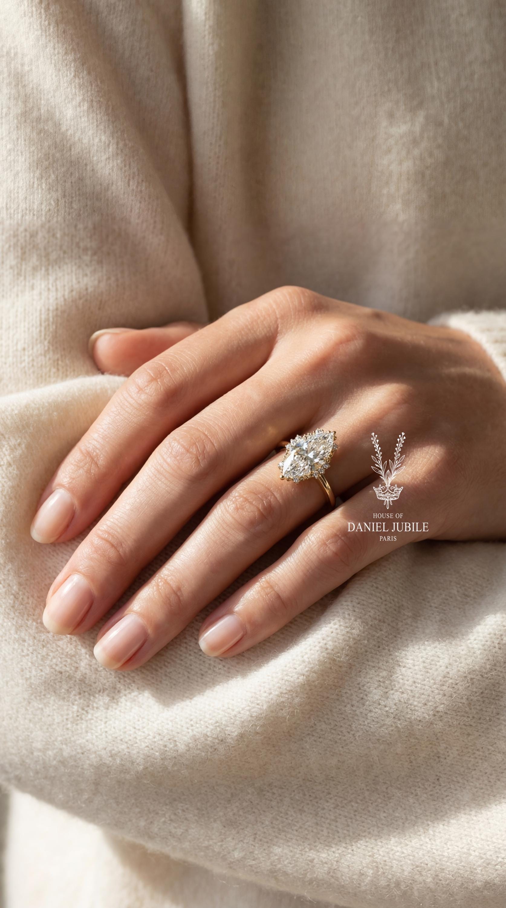 6.20ctw Marquise Cut Lab Diamond Ring – 14k Gold Floral Lotus Halo Engagement Ring