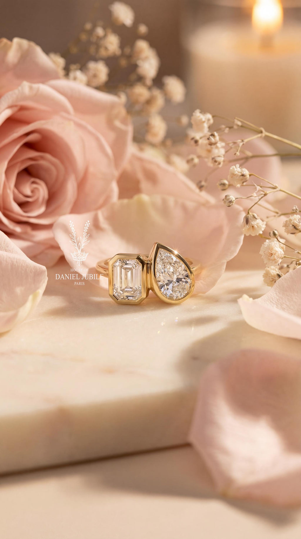 4ctw Toi et Moi Lab Diamond Ring – Emerald & Pear Cut, 14k Gold Bezel Set