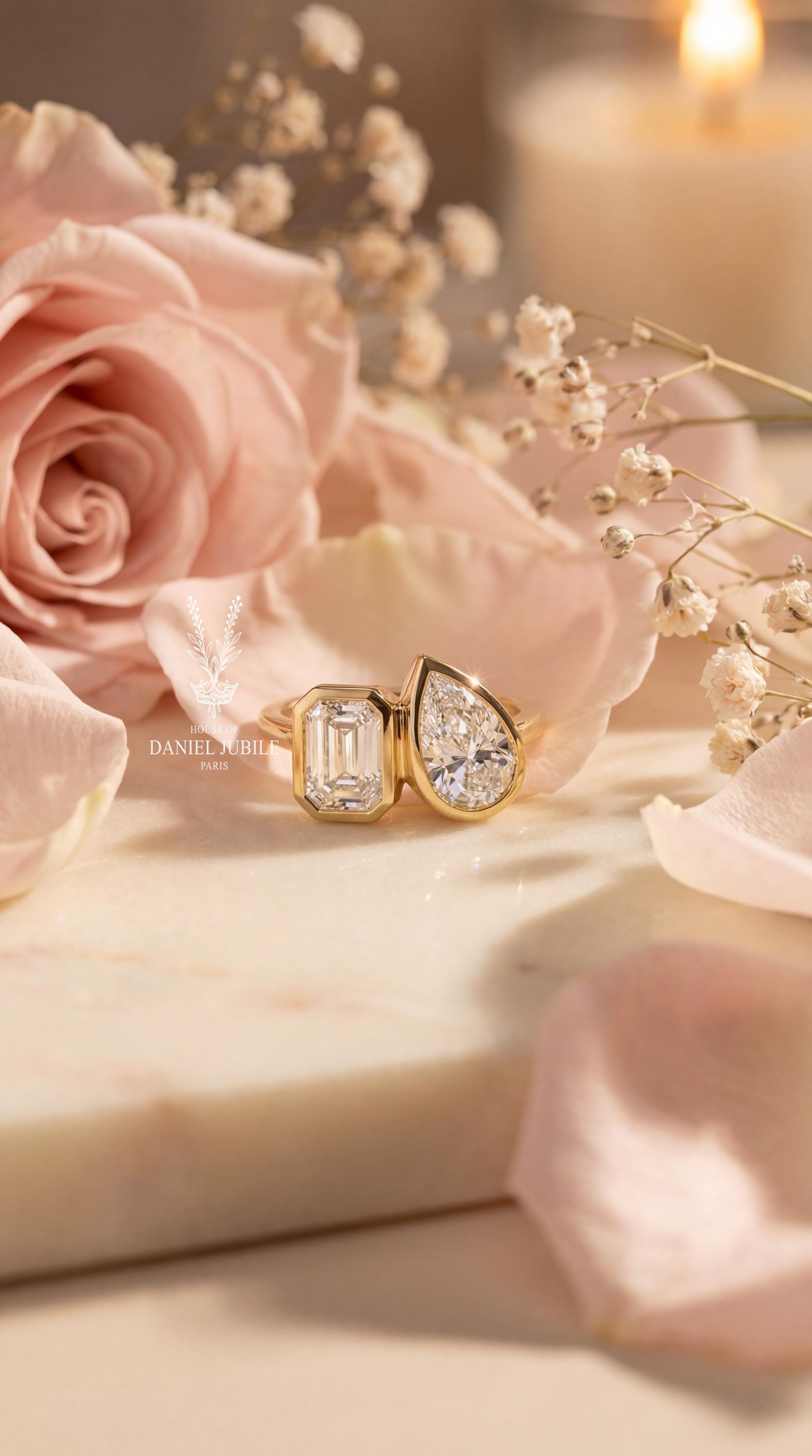 4ctw Toi et Moi Lab Diamond Ring – Emerald & Pear Cut, 14k Gold Bezel Set