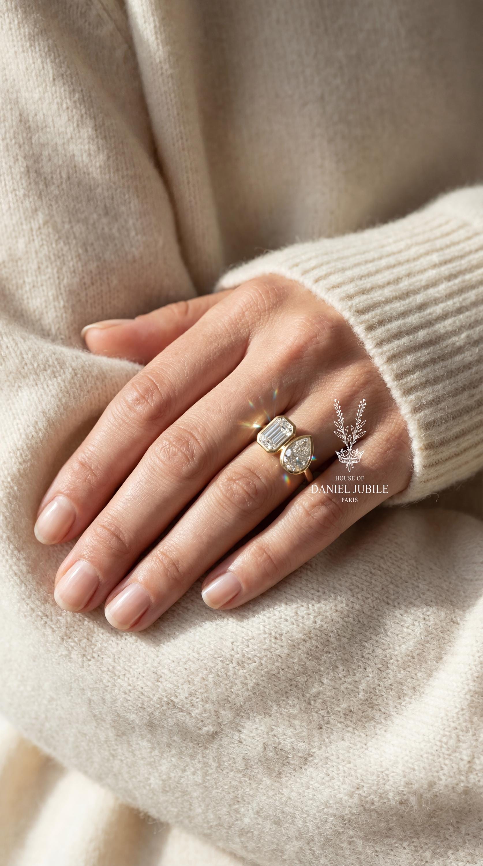 4ctw Toi et Moi Lab Diamond Ring – Emerald & Pear Cut, 14k Gold Bezel Set