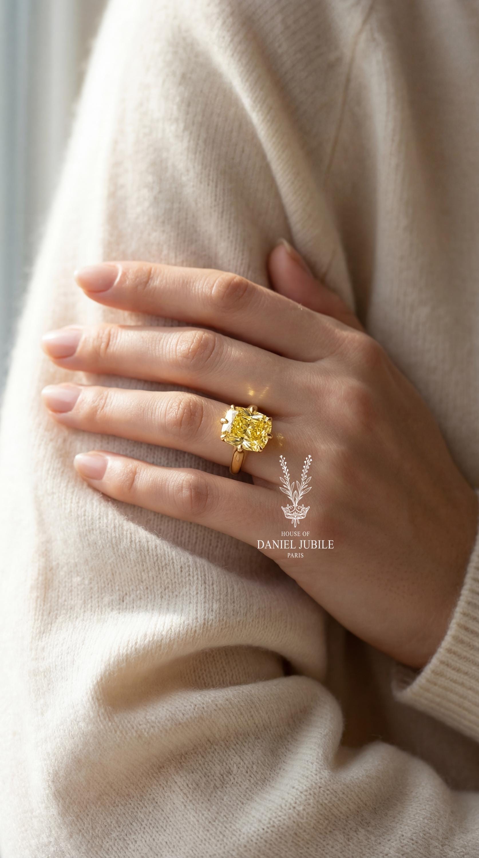 5 Carat Canary Yellow Cushion Lab Diamond Ring – Heavy 14k Gold Solitaire