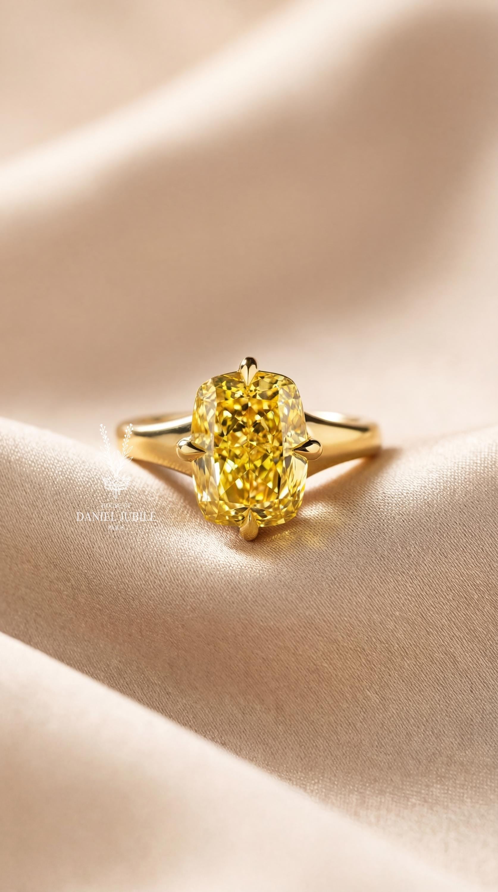 5 Carat Canary Yellow Cushion Lab Diamond Ring – Heavy 14k Gold Solitaire