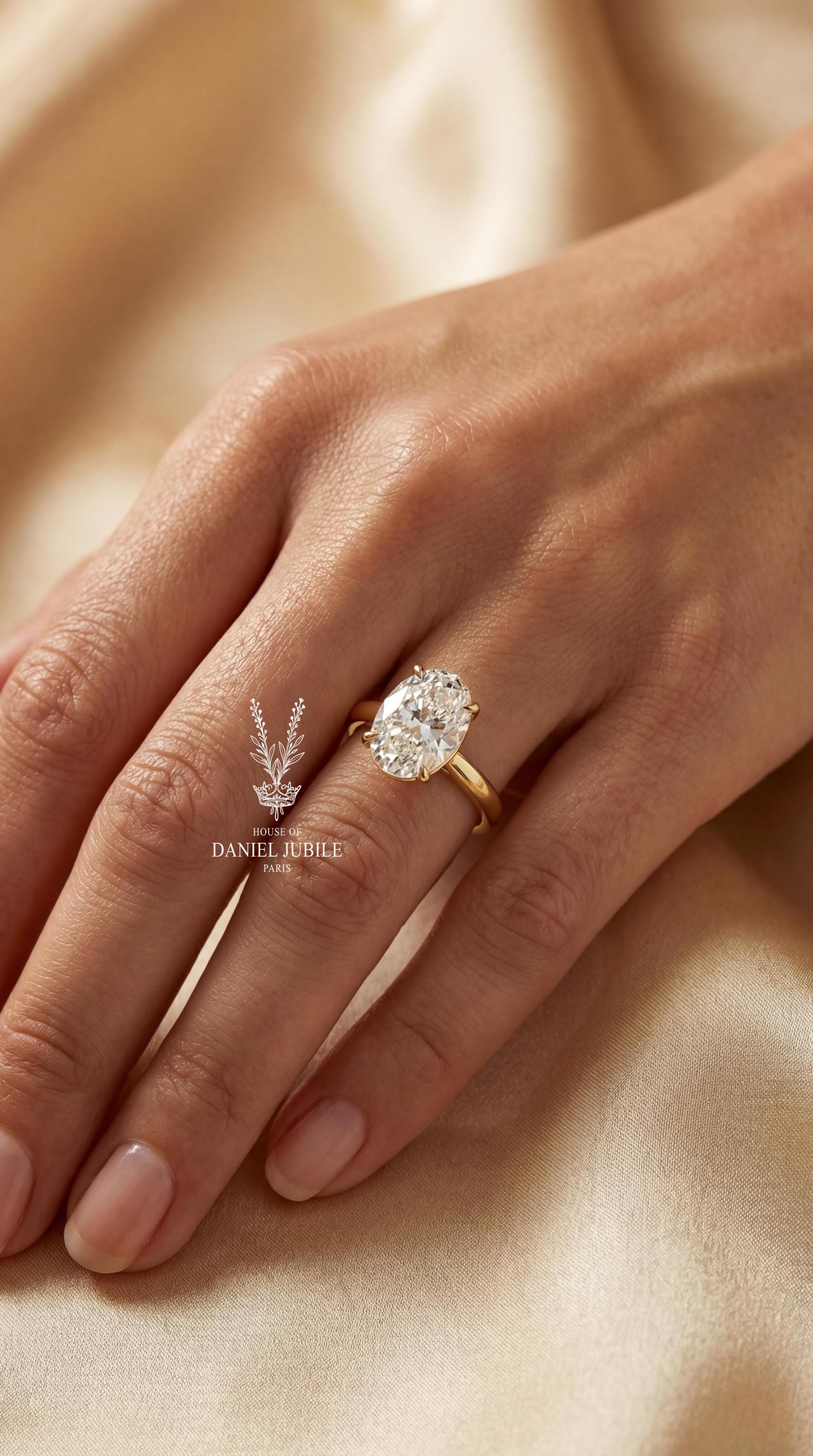 5 Carat Oval Lab Grown Diamond Ring - 14k Yellow Gold Hidden Halo Engagement Ring