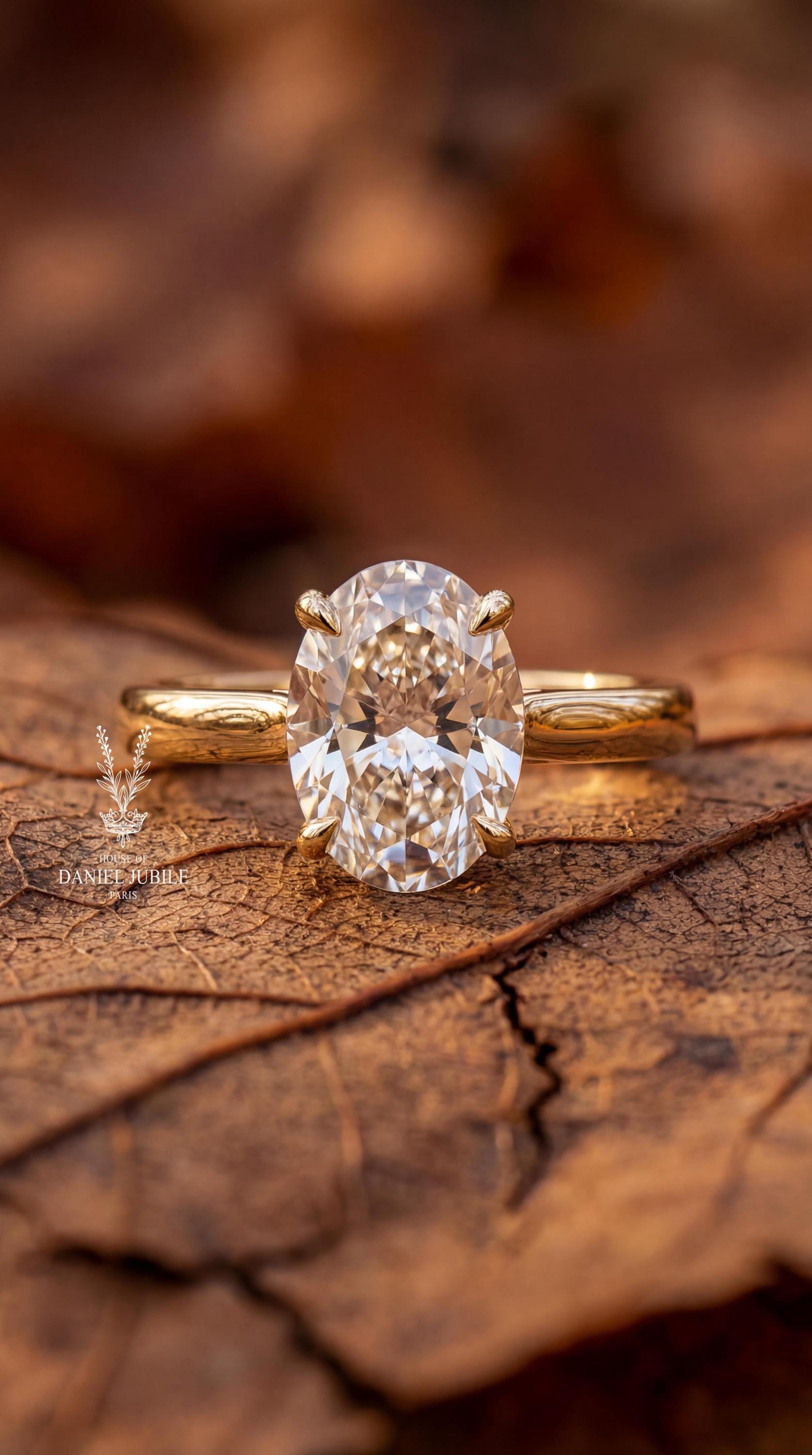 5 Carat Oval Lab Grown Diamond Ring - 14k Yellow Gold Hidden Halo Engagement Ring
