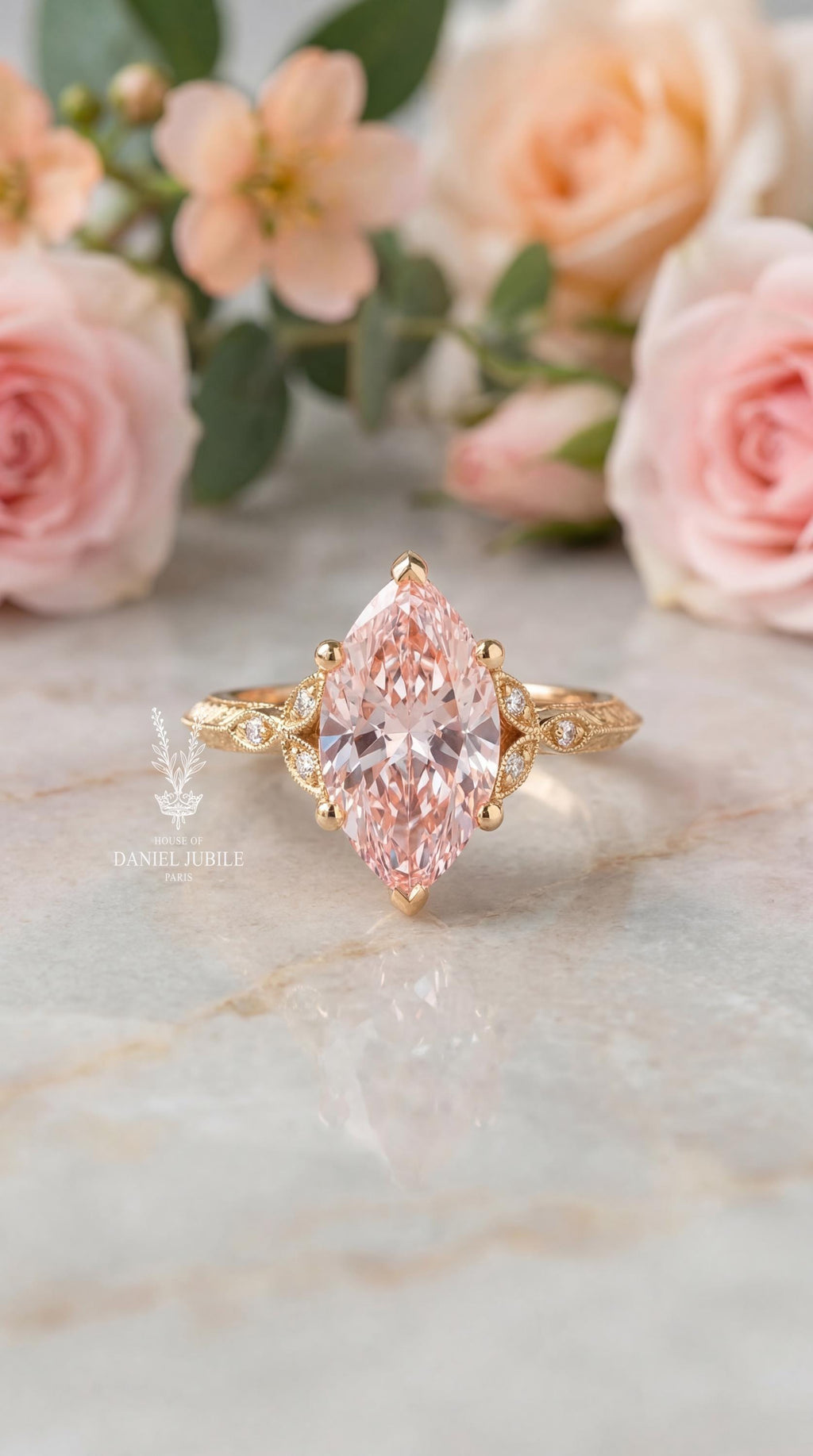 2 Carat Pink Marquise Lab Diamond Ring – Floral 14k Gold Art Deco Engagement