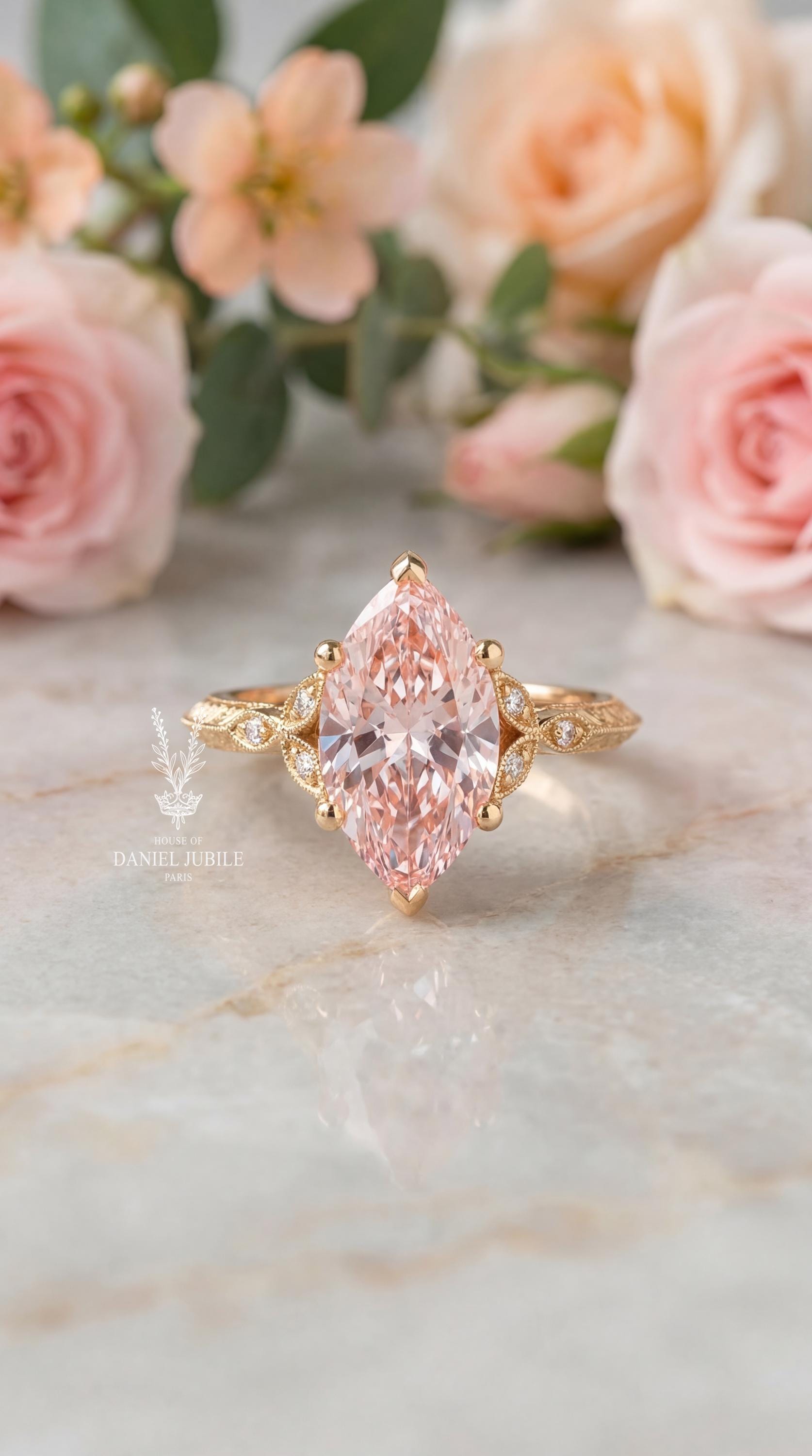 2 Carat Pink Marquise Lab Diamond Ring – Floral 14k Gold Art Deco Engagement