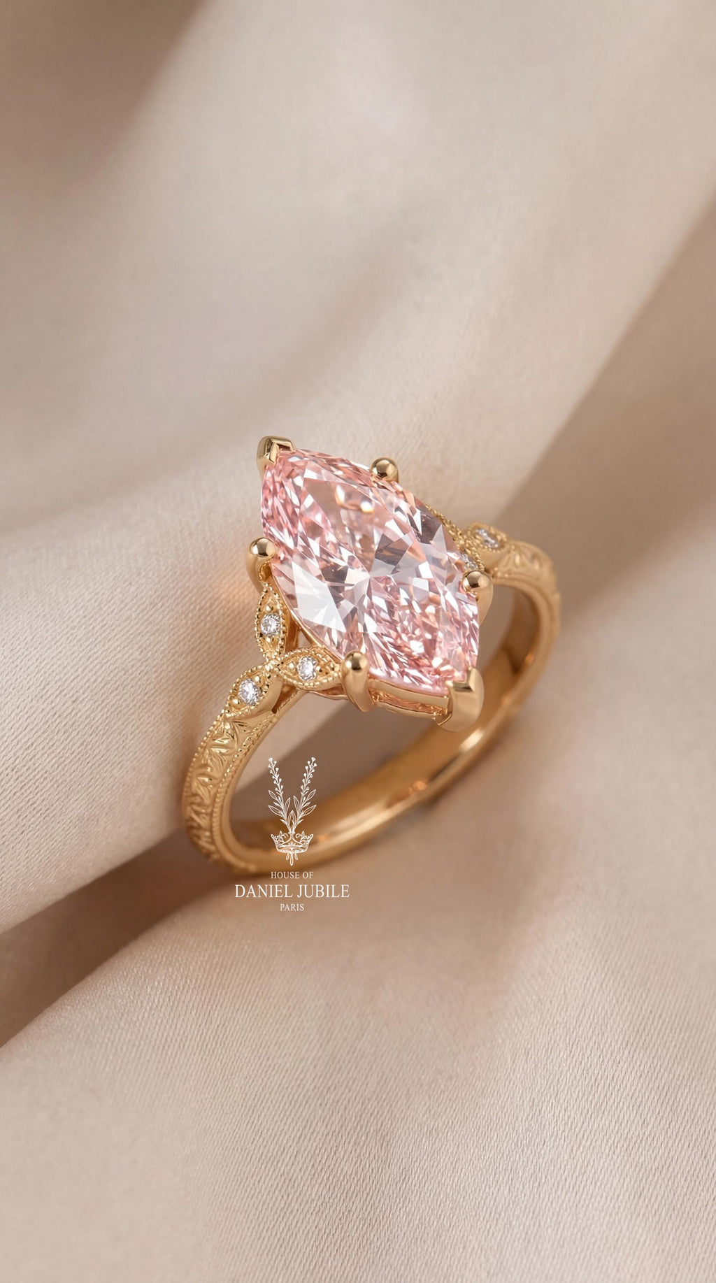 2 Carat Pink Marquise Lab Diamond Ring – Floral 14k Gold Art Deco Engagement