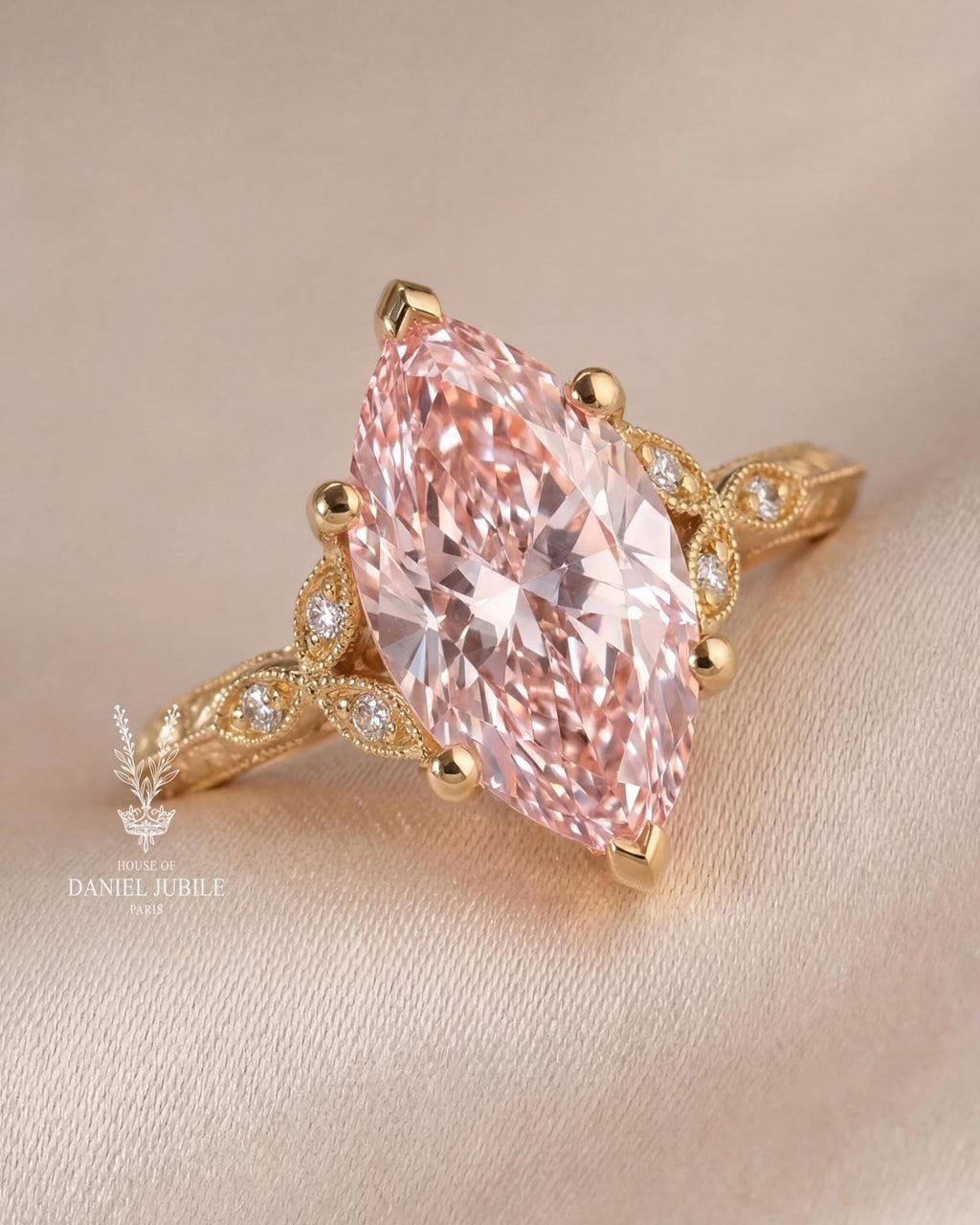 2 Carat Pink Marquise Lab Diamond Ring – Floral 14k Gold Art Deco Engagement