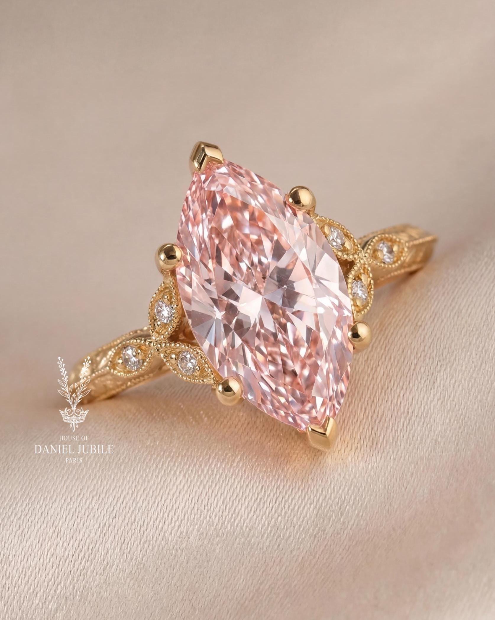 2 Carat Pink Marquise Lab Diamond Ring – Floral 14k Gold Art Deco Engagement