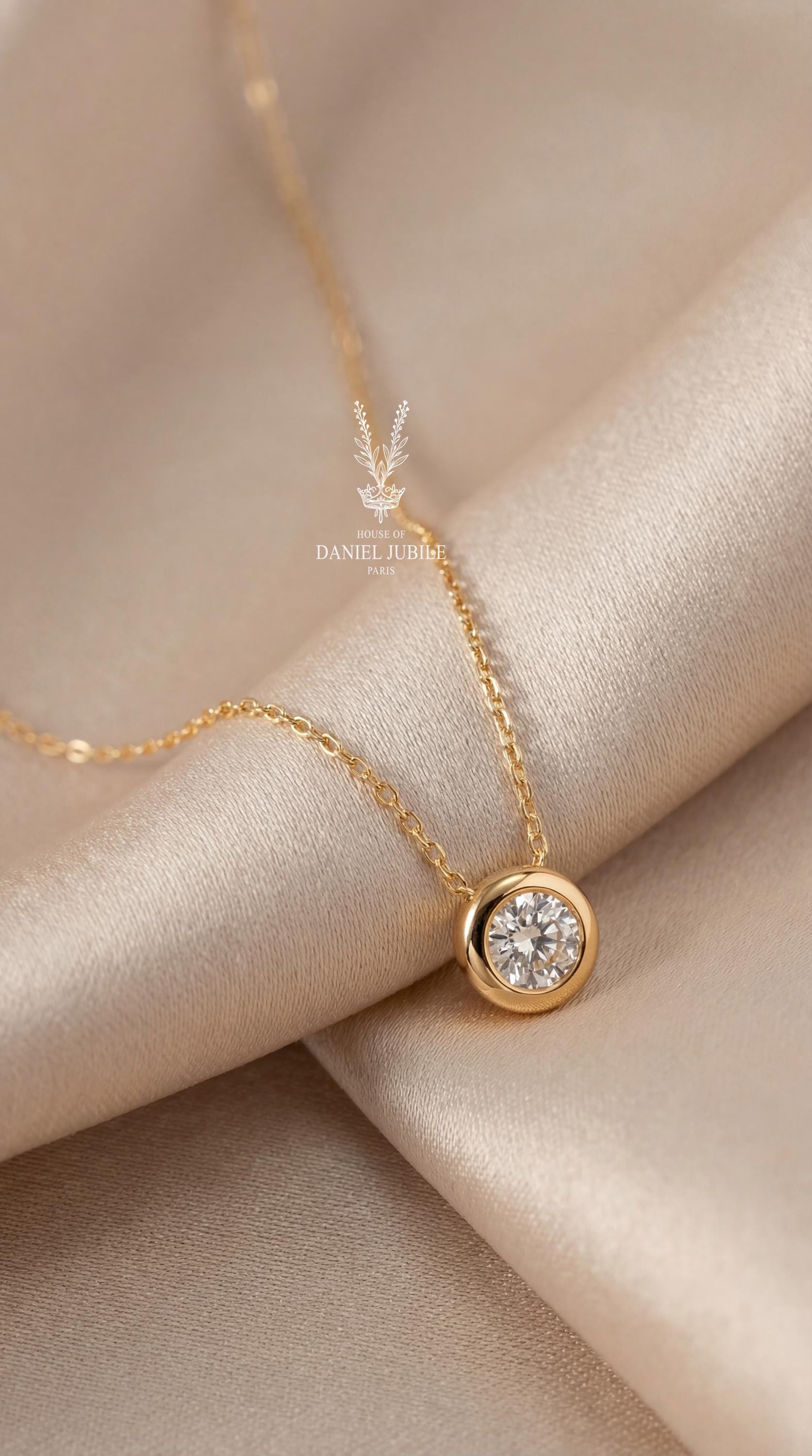 1ct Lab Diamond Bezel Pendant Necklace - 14k Gold Solitaire