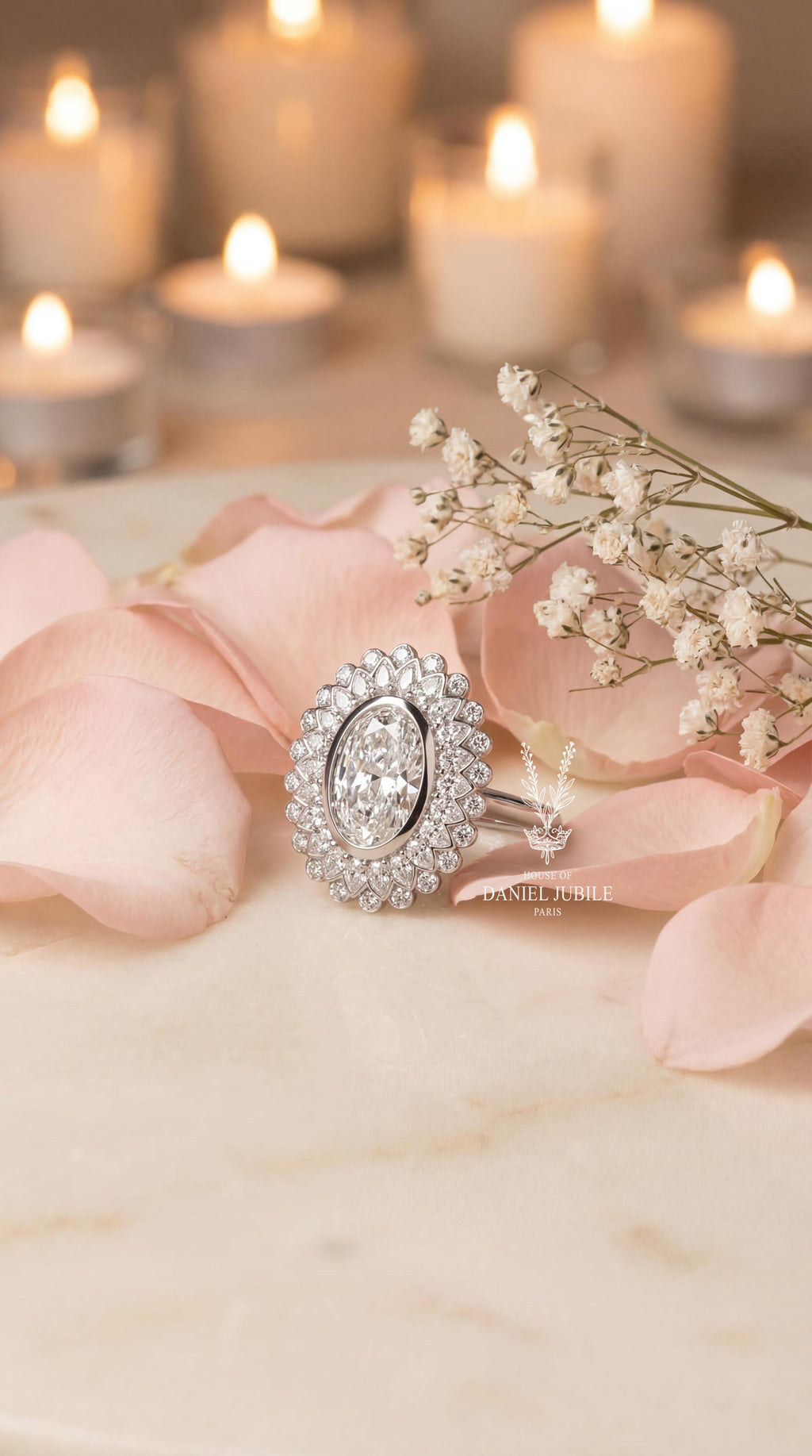 Oval Lab Diamond Sunburst Ring – 5 Total Carat Weight, 14k Gold Art Deco Engagement Ring