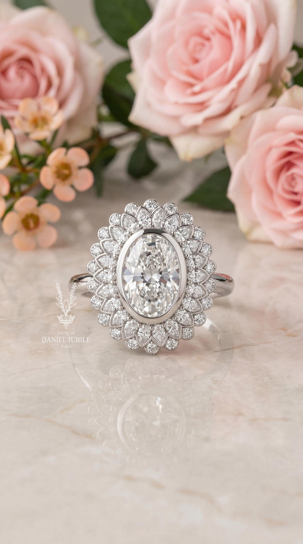 Oval Lab Diamond Sunburst Ring – 5 Total Carat Weight, 14k Gold Art Deco Engagement Ring