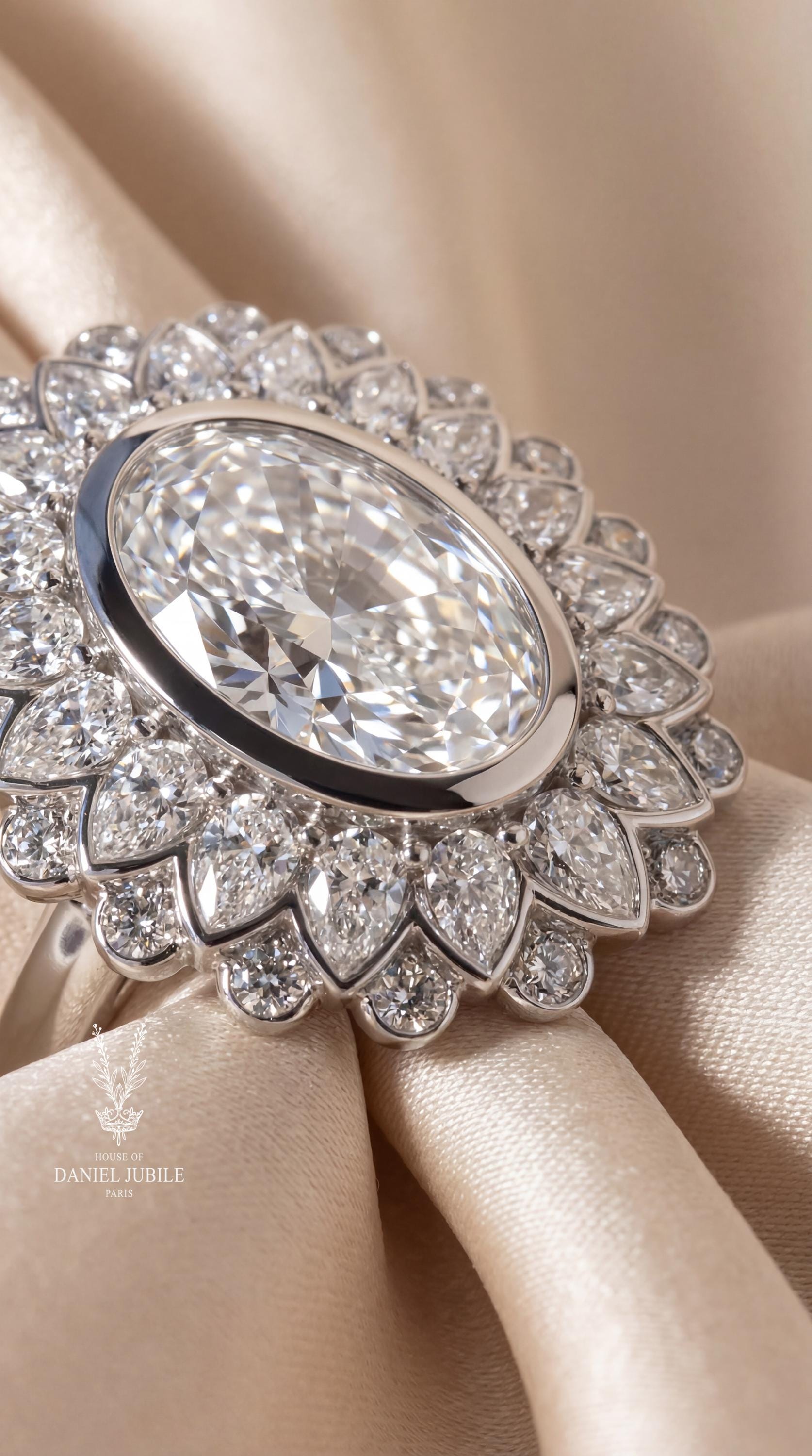 Oval Lab Diamond Sunburst Ring – 5 Total Carat Weight, 14k Gold Art Deco Engagement Ring