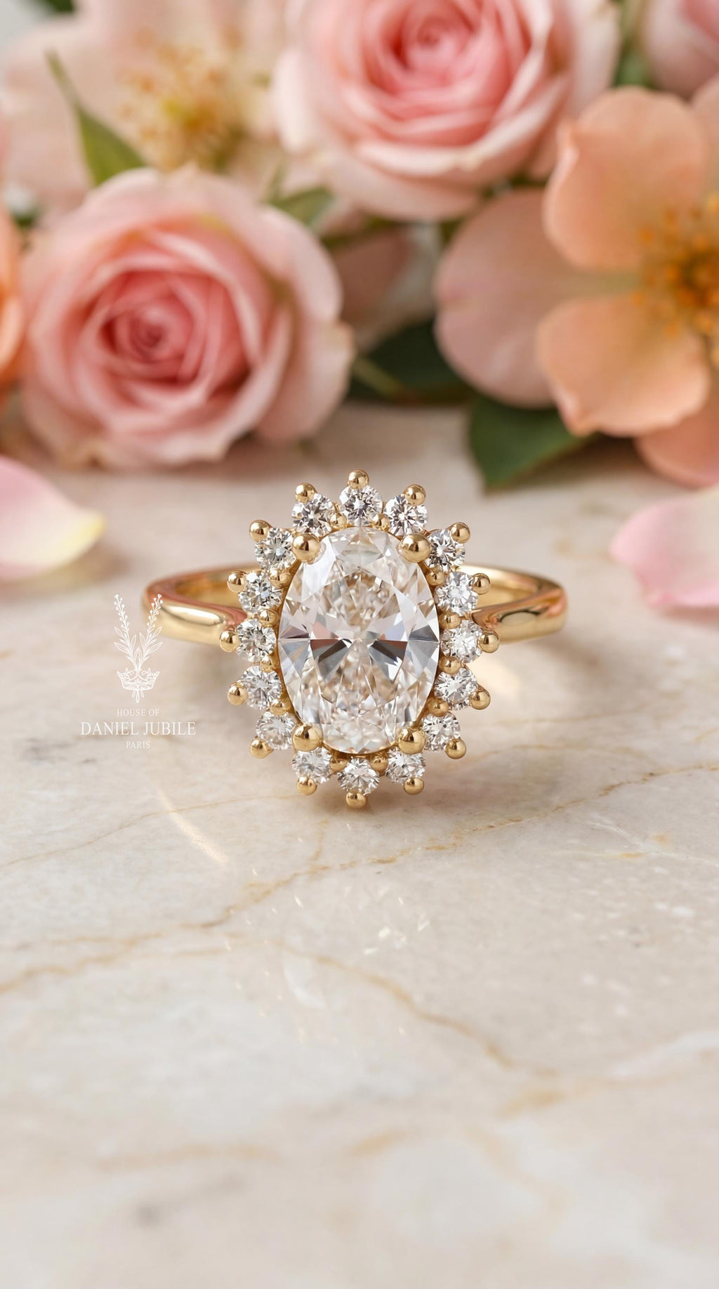 3.60ctw Oval Lab Diamond Sunburst Ring – 14k Gold Art Deco Engagement Gift