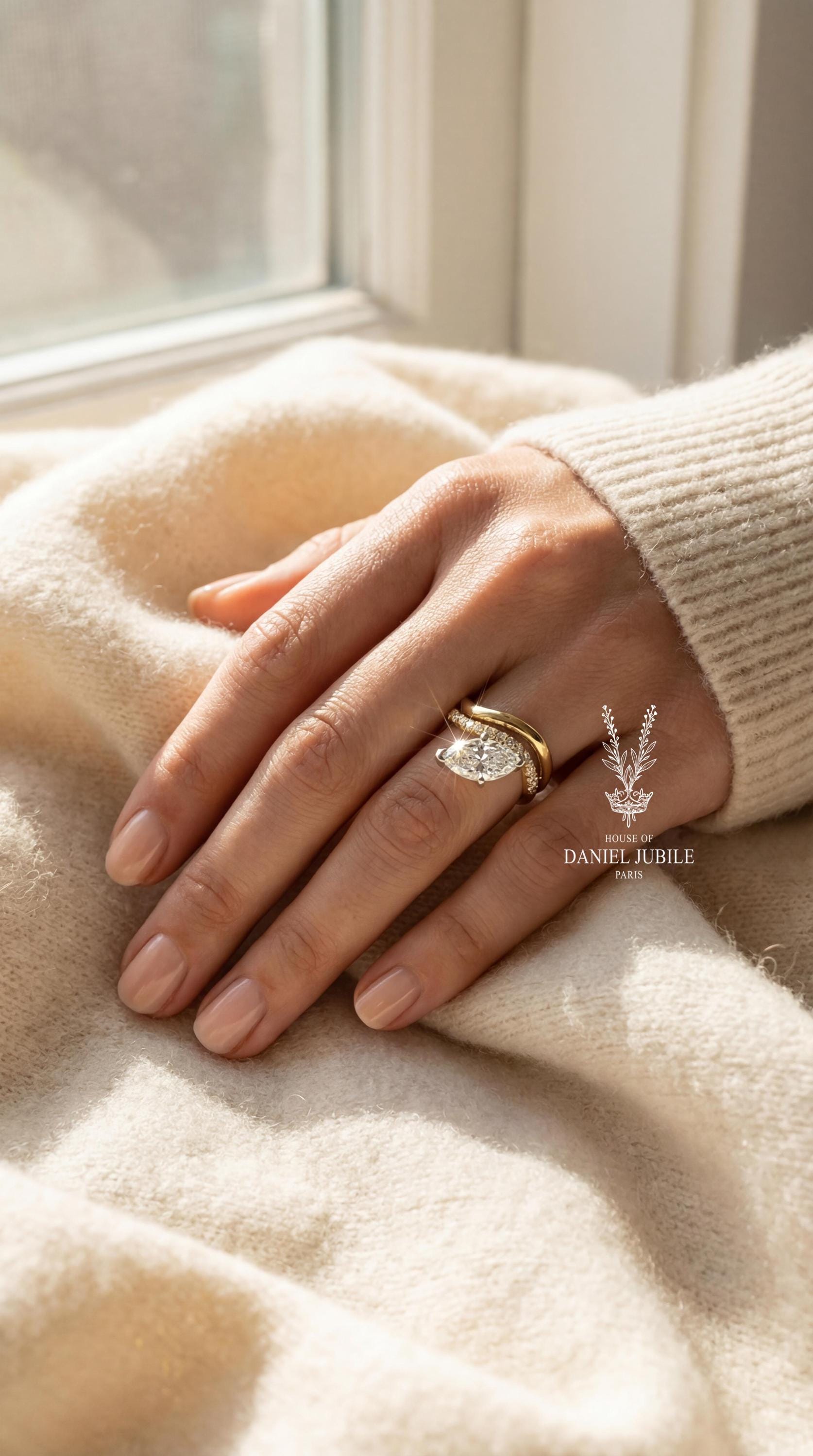 3ctw Marquise Lab Diamond Engagement Ring – 14k Gold Twisted Bypass Band