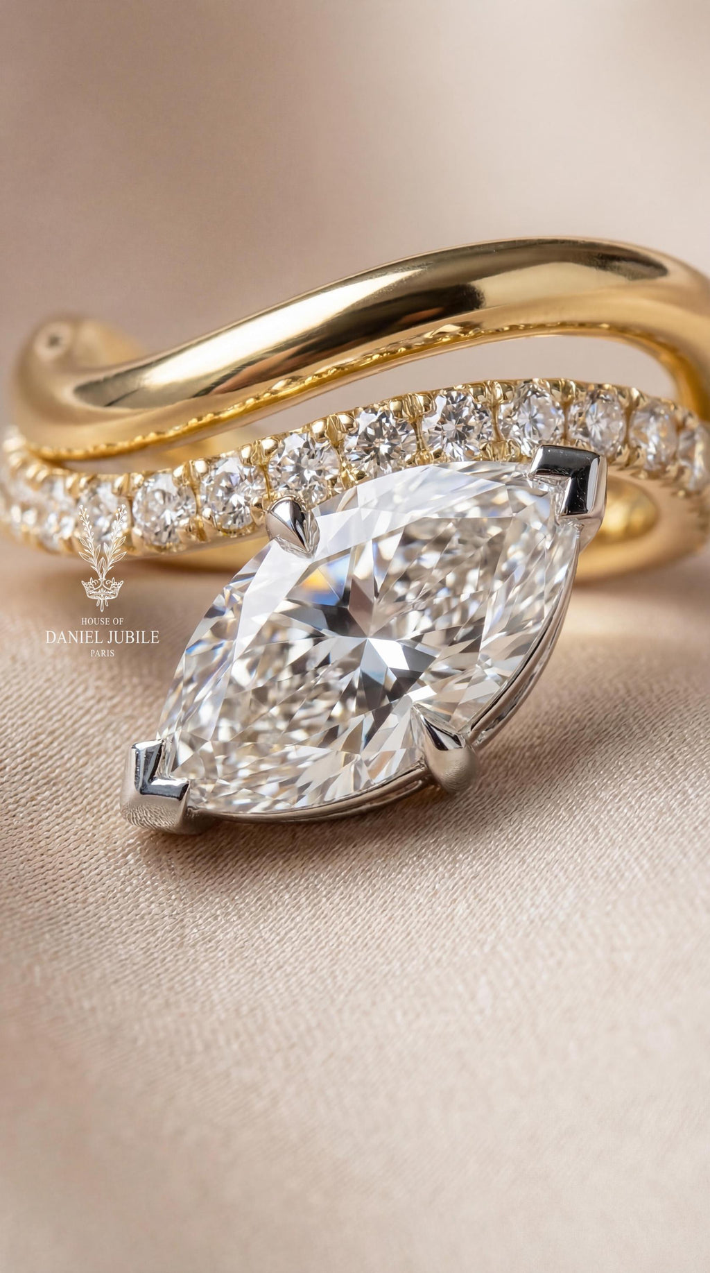 3ctw Marquise Lab Diamond Engagement Ring – 14k Gold Twisted Bypass Band
