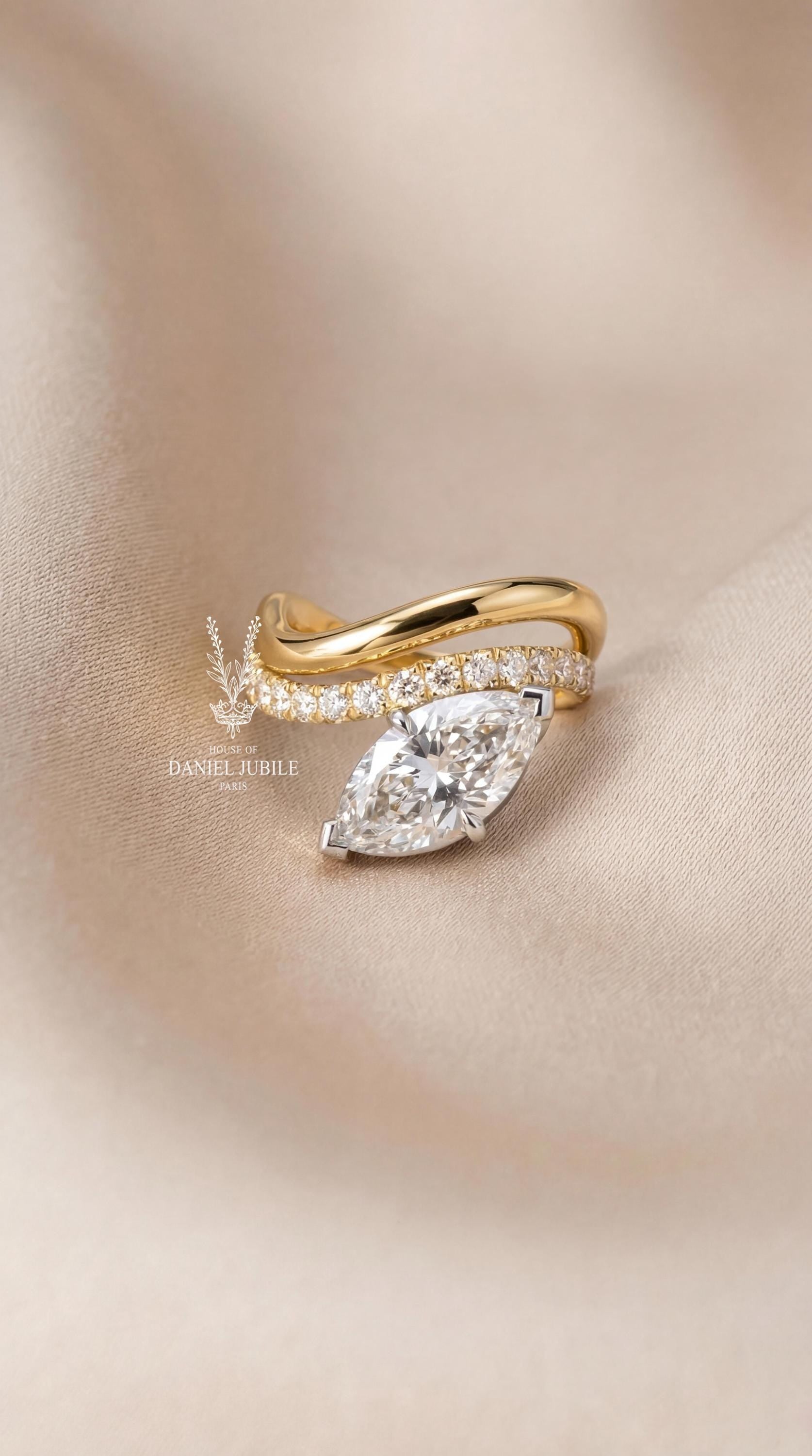 3ctw Marquise Lab Diamond Engagement Ring – 14k Gold Twisted Bypass Band