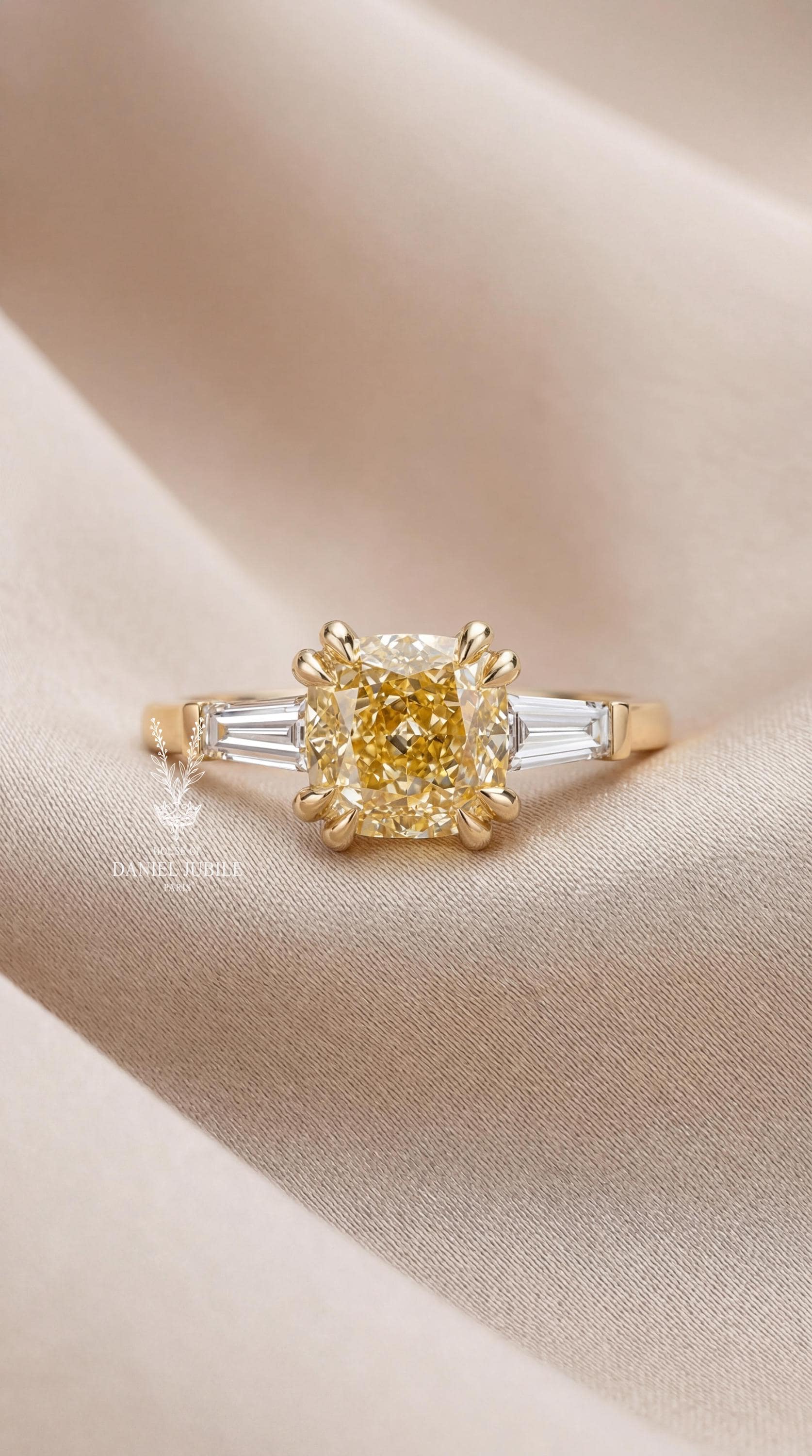2.60ctw Fancy Yellow Cushion Cut Lab Diamond Ring – 14k Gold Art Deco Engagement Ring