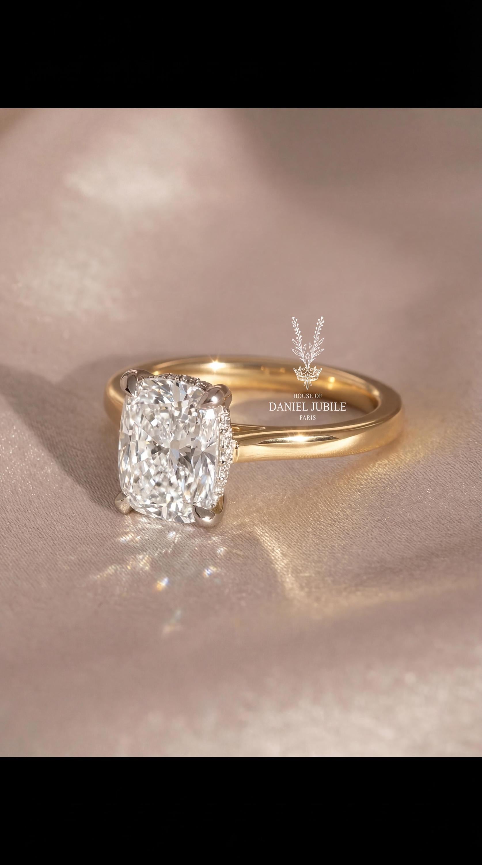 5 Carat Cushion Cut Lab Diamond Ring – 14k Gold, Hidden Halo, Eagle Claw Prongs