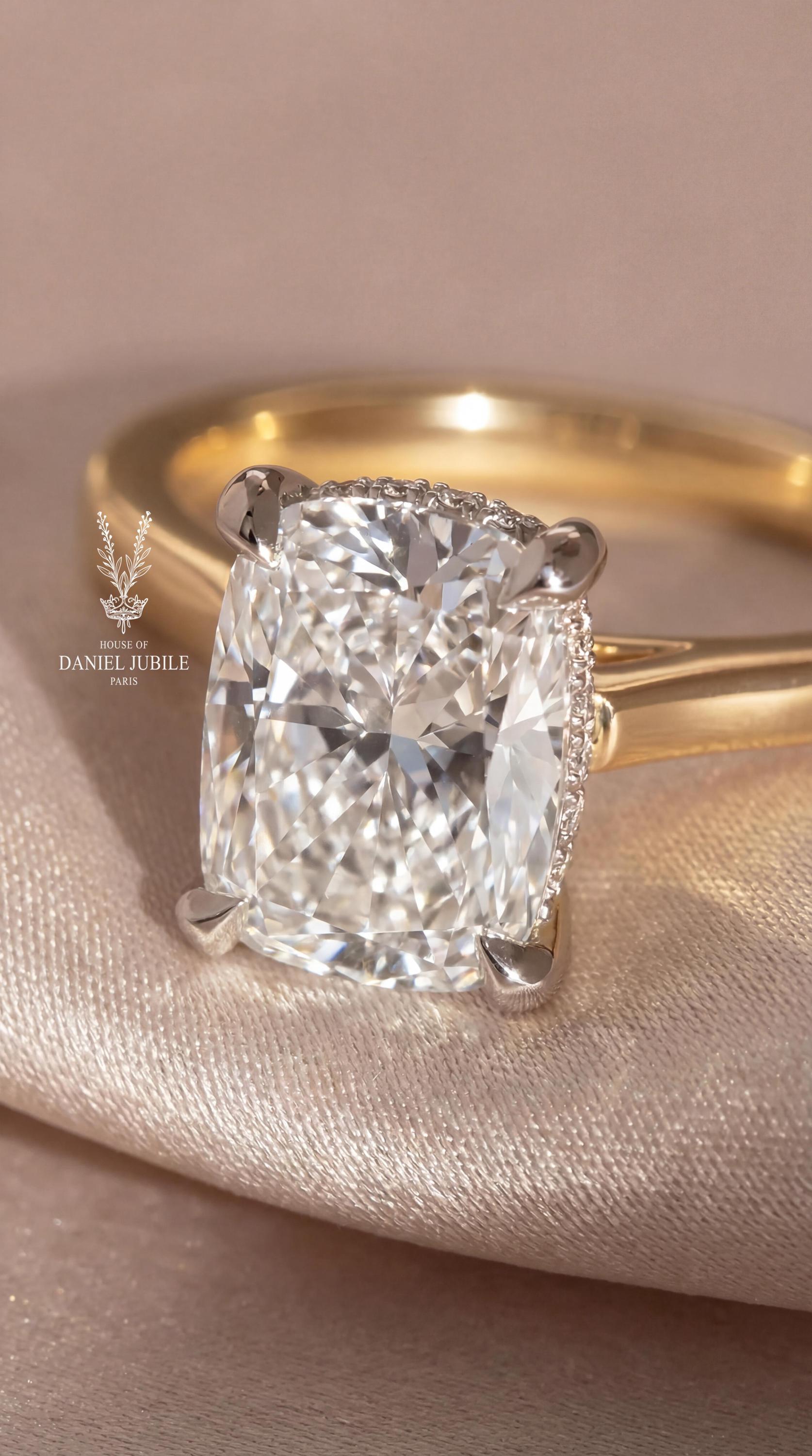 5 Carat Cushion Cut Lab Diamond Ring – 14k Gold, Hidden Halo, Eagle Claw Prongs