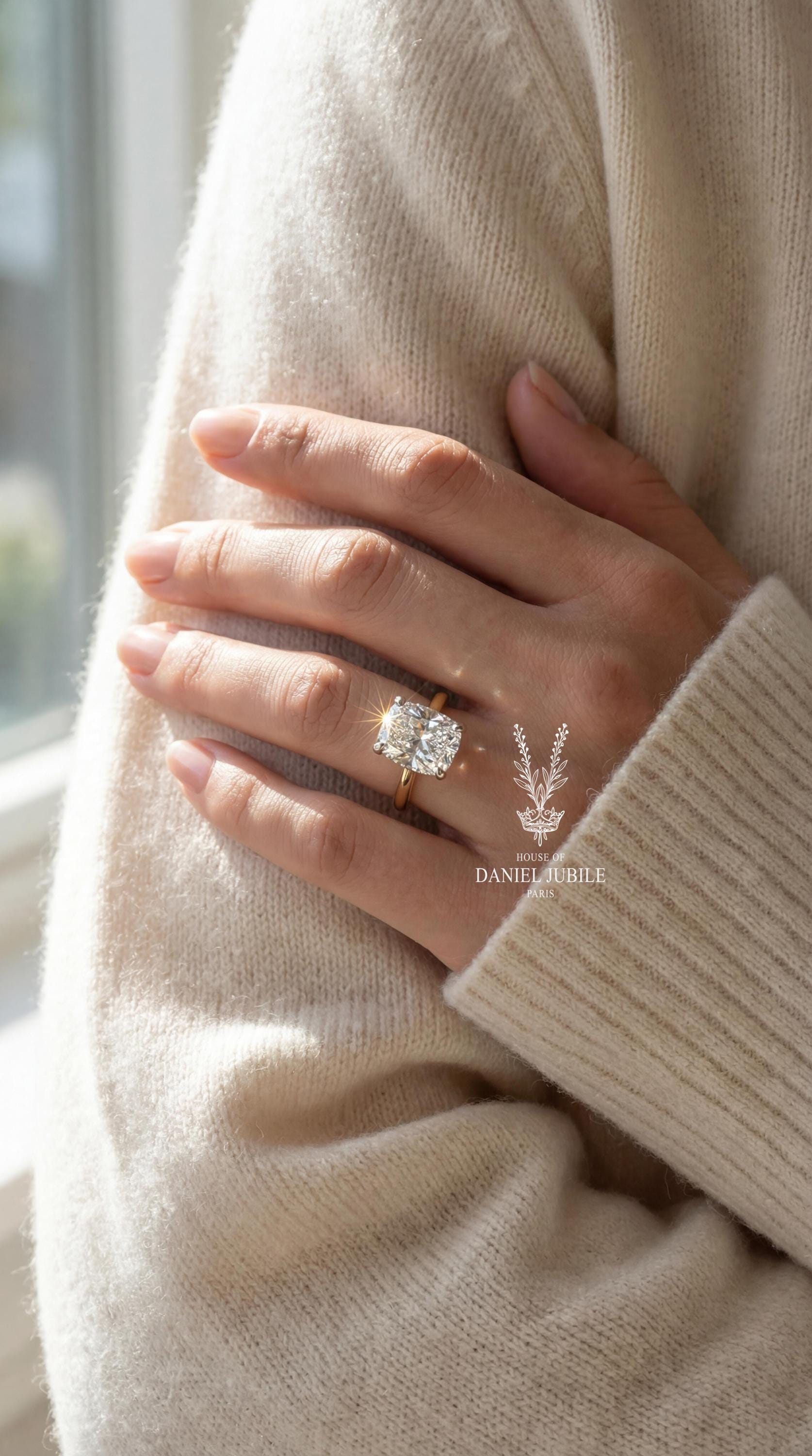 5 Carat Cushion Cut Lab Diamond Ring – 14k Gold, Hidden Halo, Eagle Claw Prongs