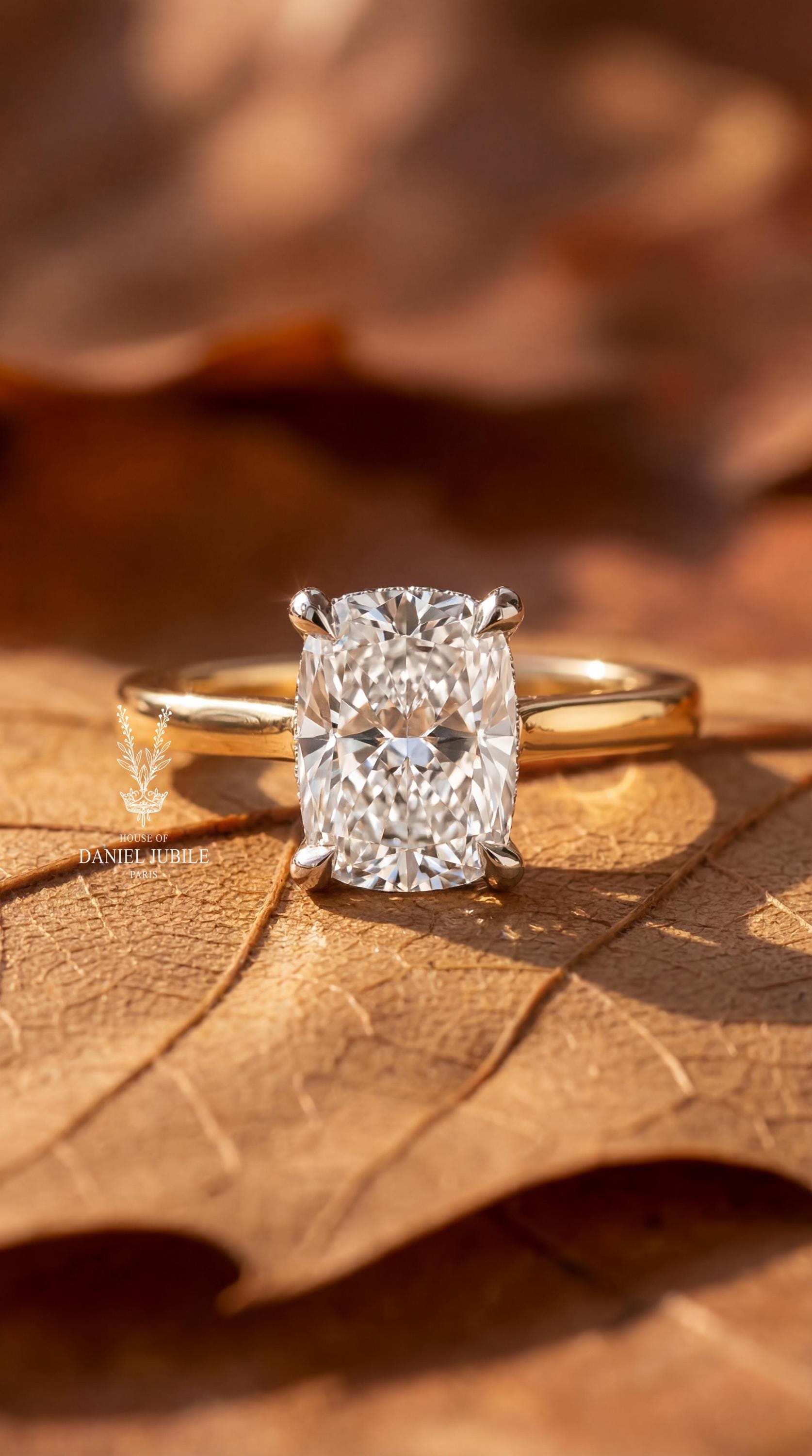 5 Carat Cushion Cut Lab Diamond Ring – 14k Gold, Hidden Halo, Eagle Claw Prongs