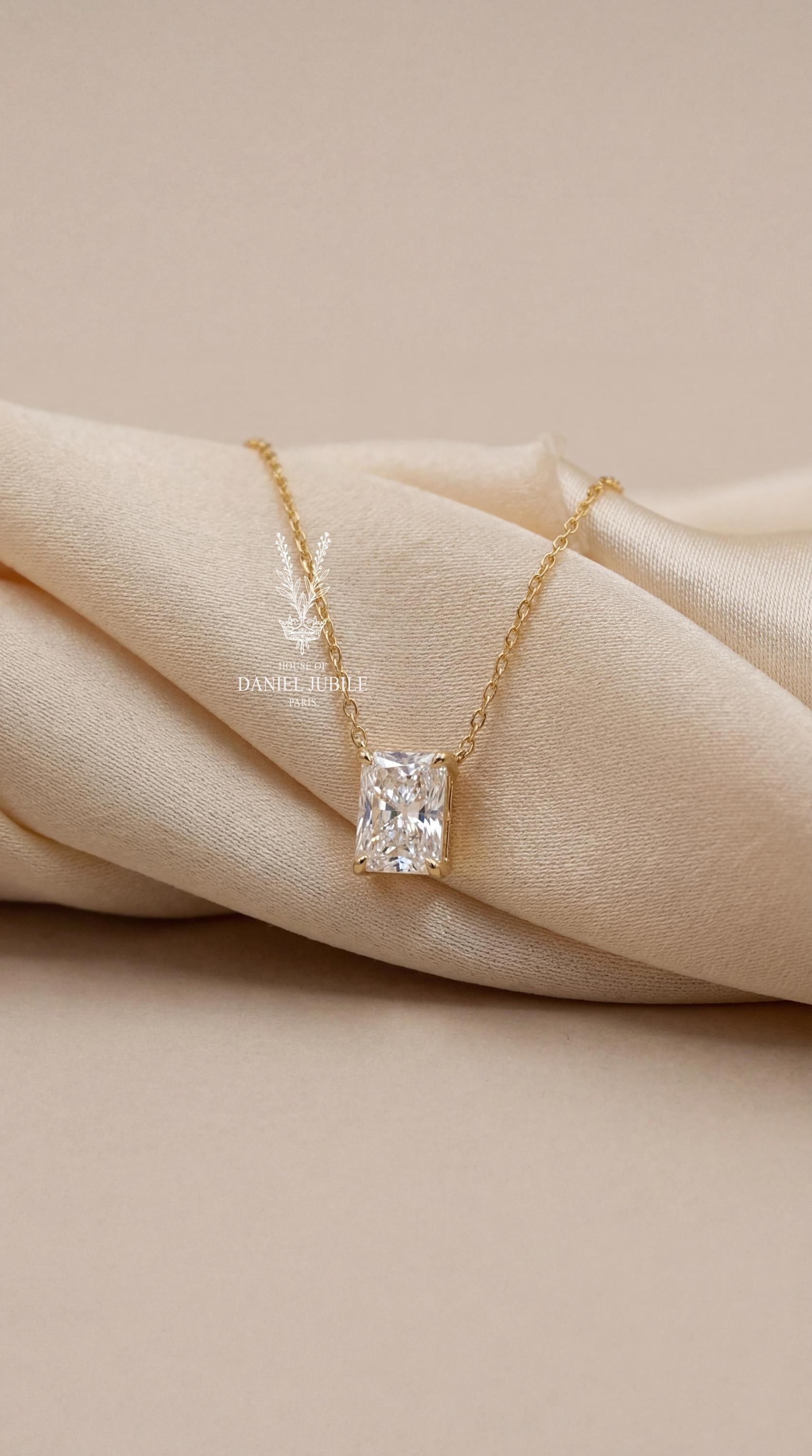 1ct Emerald Cut Lab Diamond Solitaire Pendant – 14k Gold Cable Chain