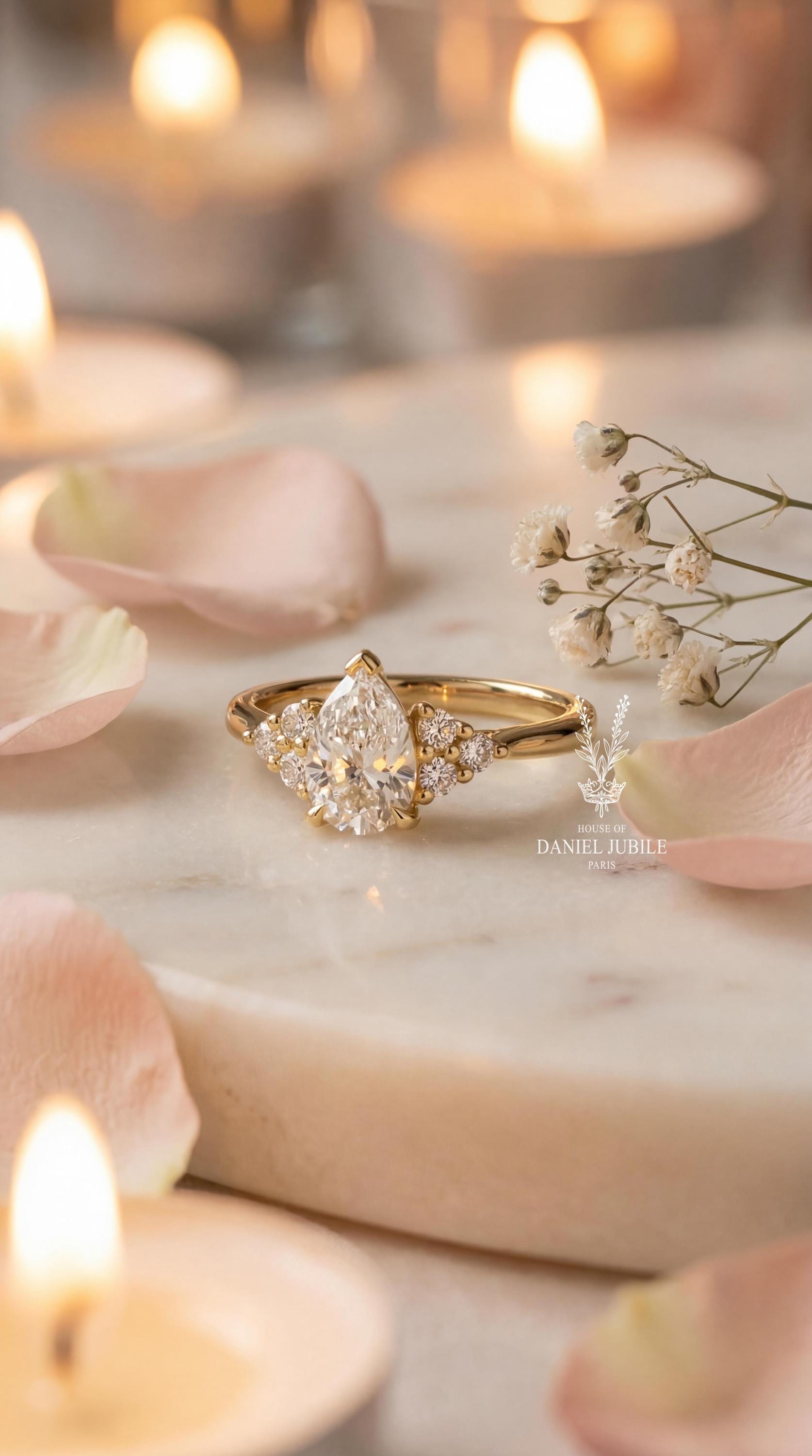 2Carat Pear Cut Lab Diamond Cluster Ring – 14k Gold Tri-Stone Engagement Ring
