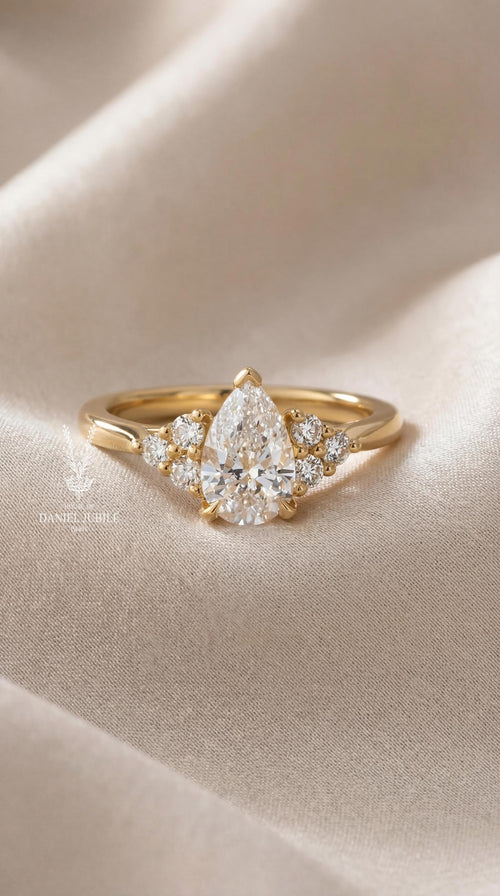 2Carat Pear Cut Lab Diamond Cluster Ring – 14k Gold Tri-Stone Engagement Ring
