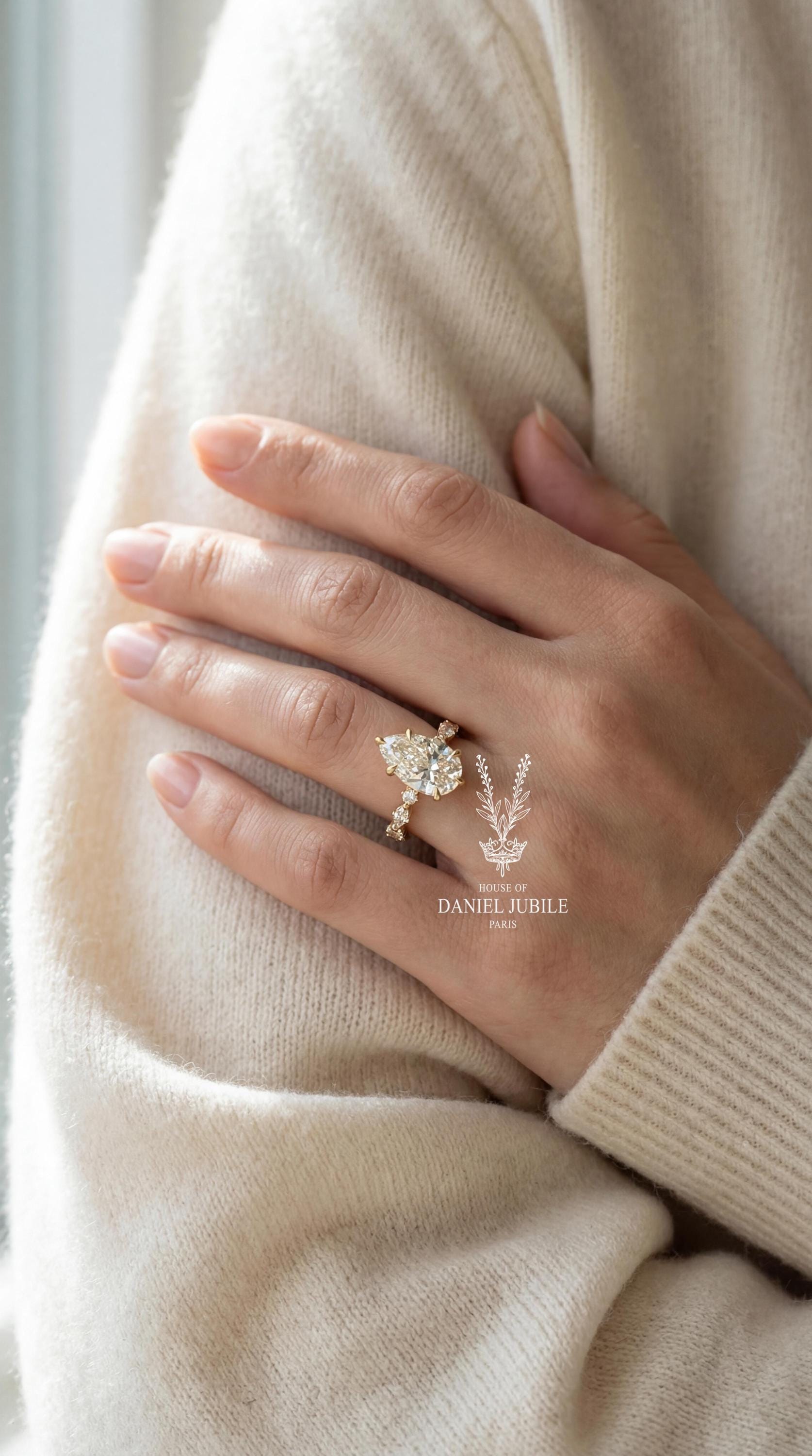 5Carat Pear Cut Lab Diamond Engagement Ring – Vintage Vine 14k Gold Band