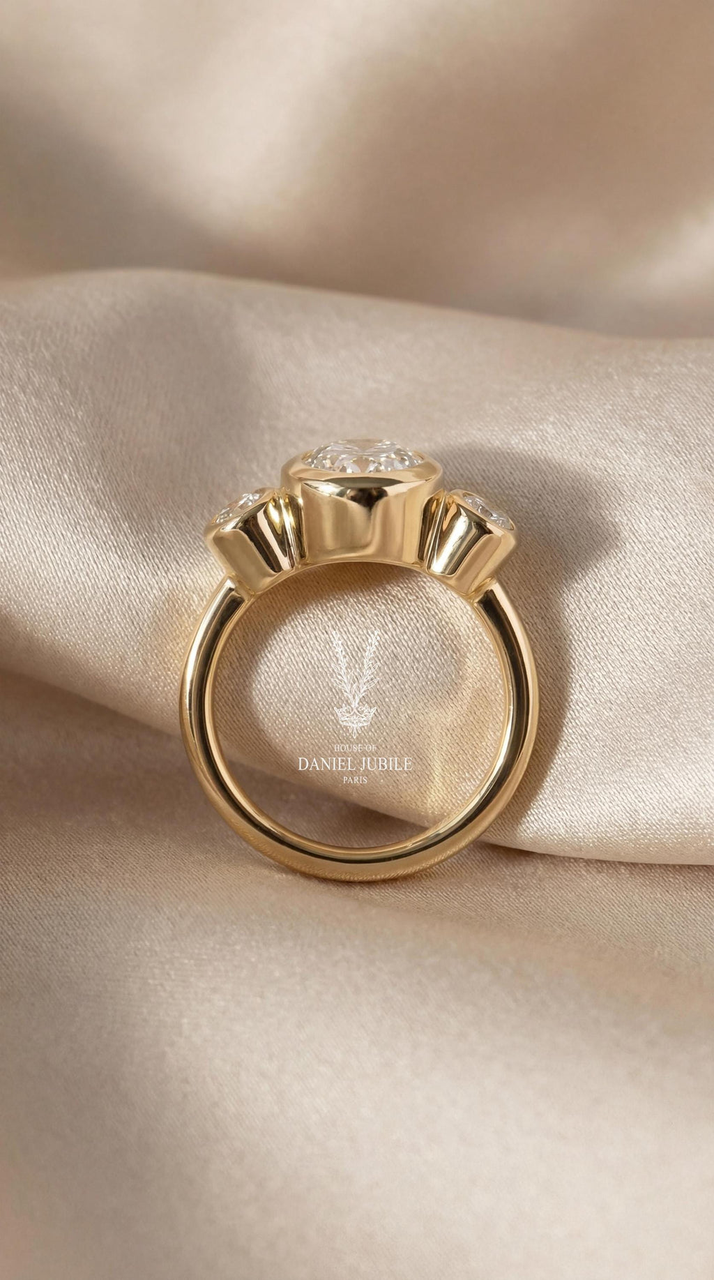 4.08 Carat Oval Lab Grown Diamond Engagement Ring, Bezel Set Trilogy 14k Gold