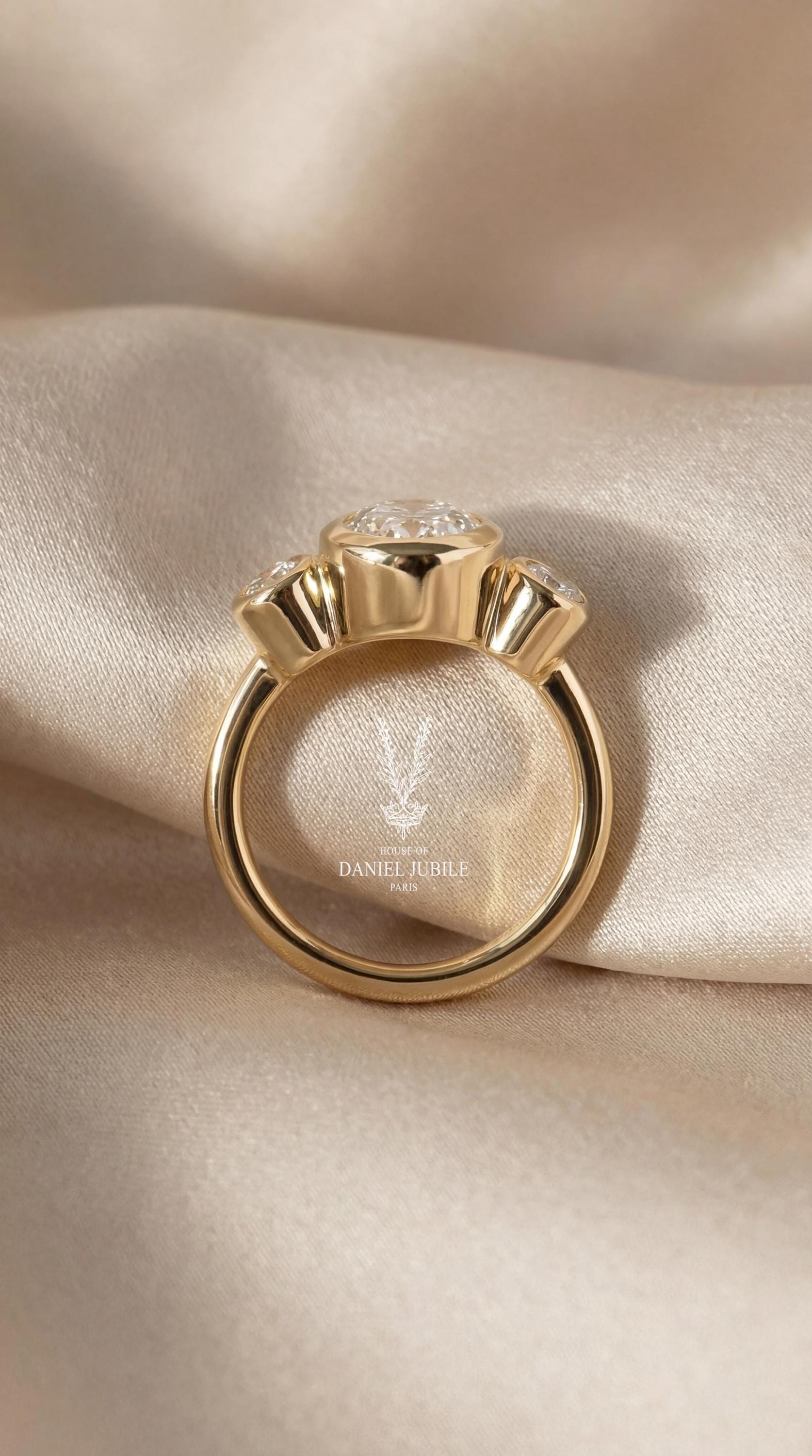 4.08 Carat Oval Lab Grown Diamond Engagement Ring, Bezel Set Trilogy 14k Gold