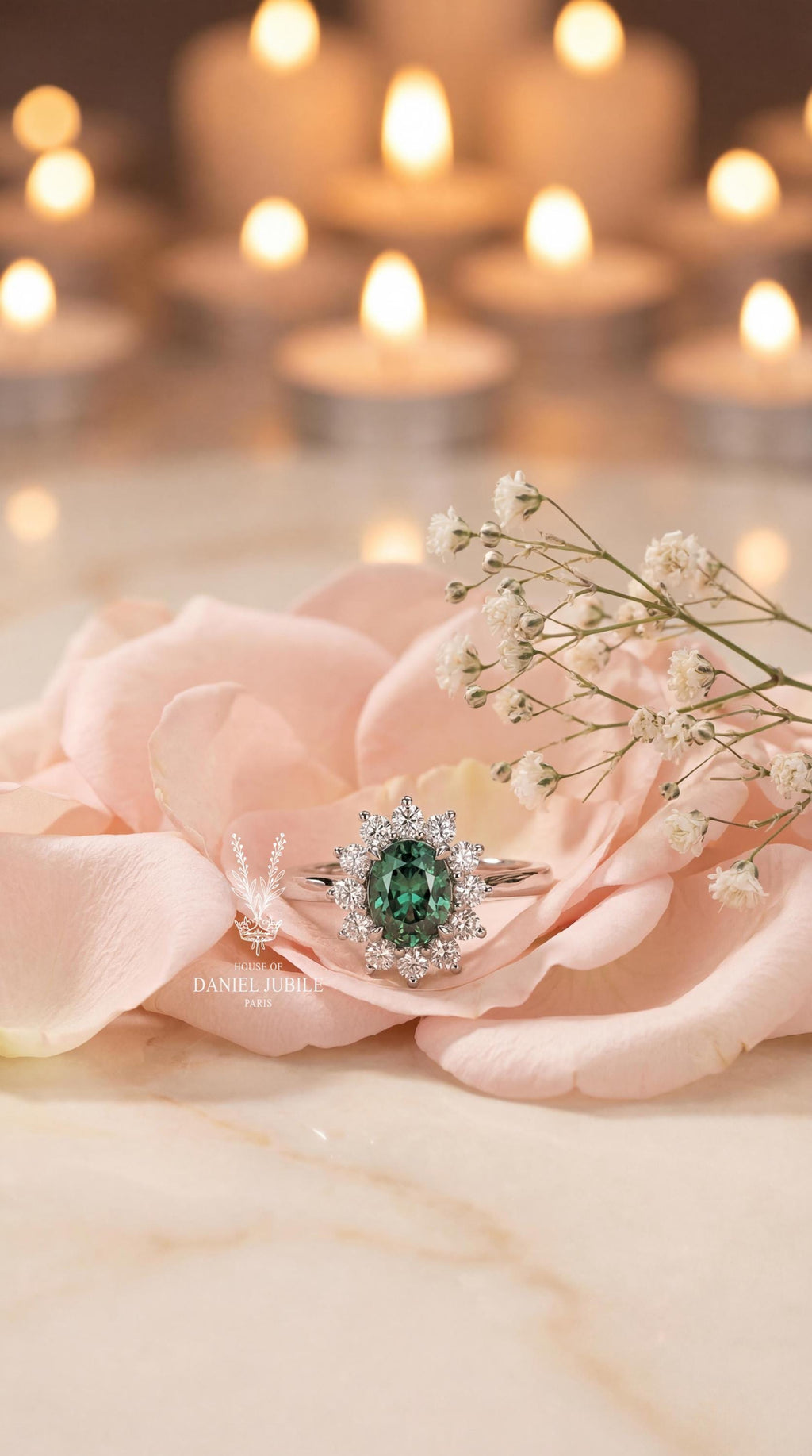 3.60 Carat Oval Green Lab Diamond Engagement Ring – 14k White Gold Sunburst Halo