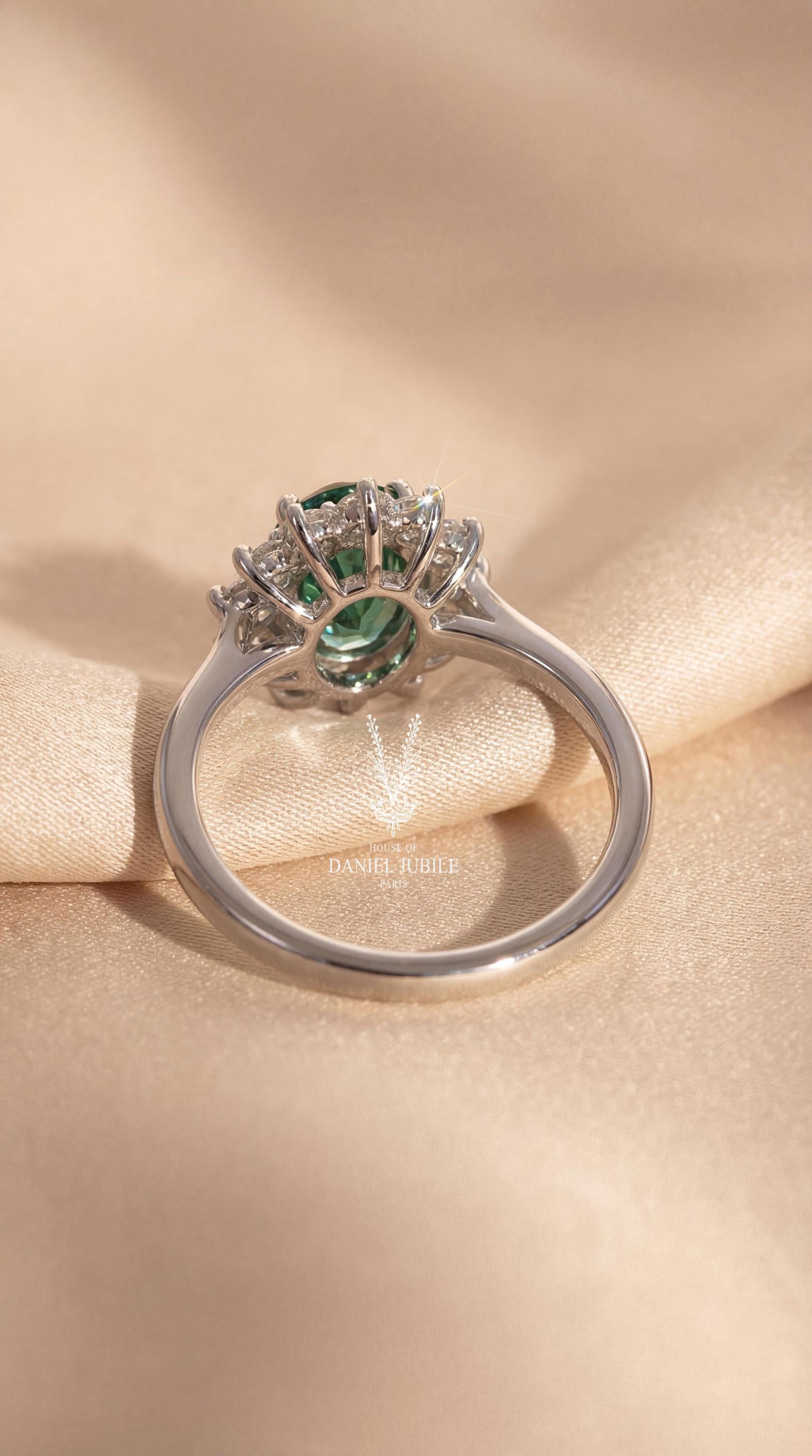 3.60 Carat Oval Green Lab Diamond Engagement Ring – 14k White Gold Sunburst Halo