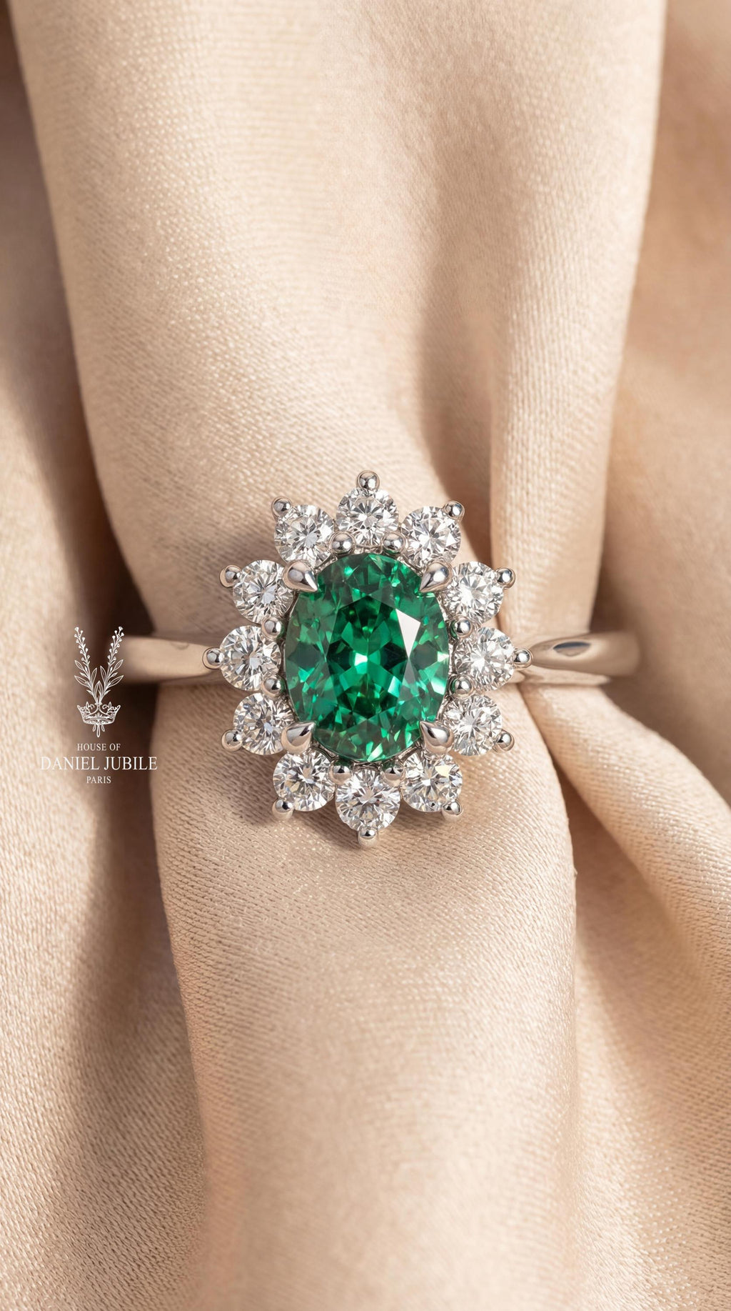 3.60 Carat Oval Green Lab Diamond Engagement Ring – 14k White Gold Sunburst Halo
