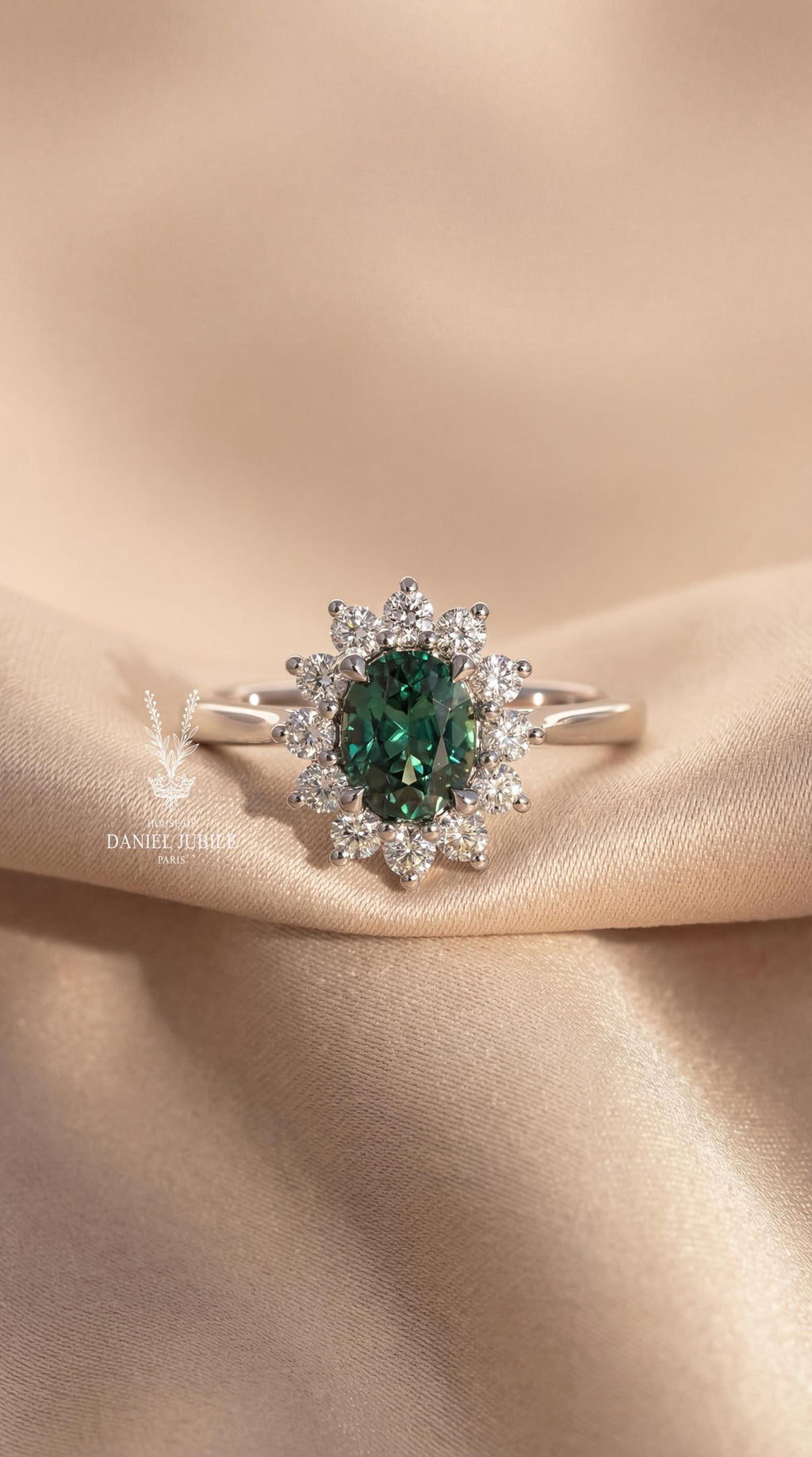 3.60 Carat Oval Green Lab Diamond Engagement Ring – 14k White Gold Sunburst Halo