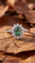 3.60 Carat Oval Green Lab Diamond Engagement Ring – 14k White Gold Sunburst Halo