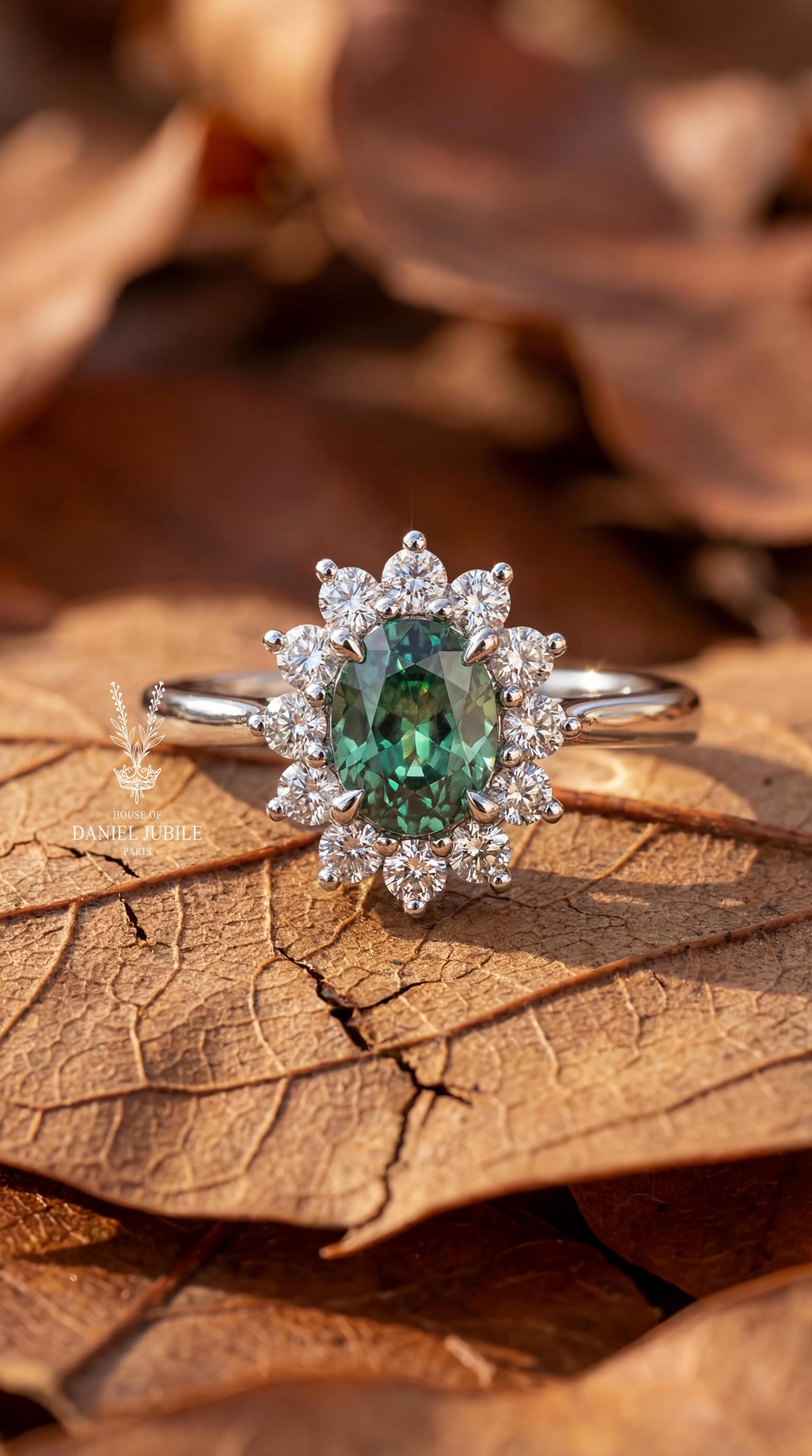 3.60 Carat Oval Green Lab Diamond Engagement Ring – 14k White Gold Sunburst Halo