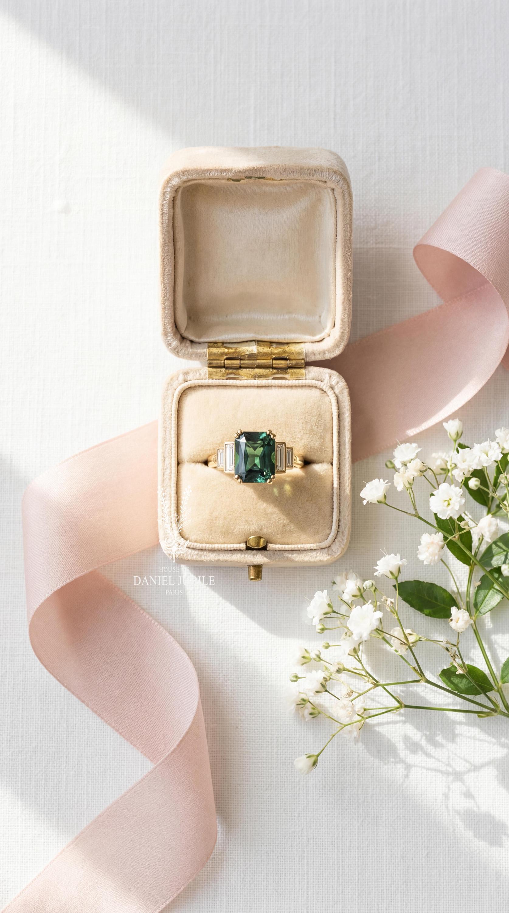 Art Deco Green Cushion Cut Lab Diamond Engagement Ring - 14k Gold